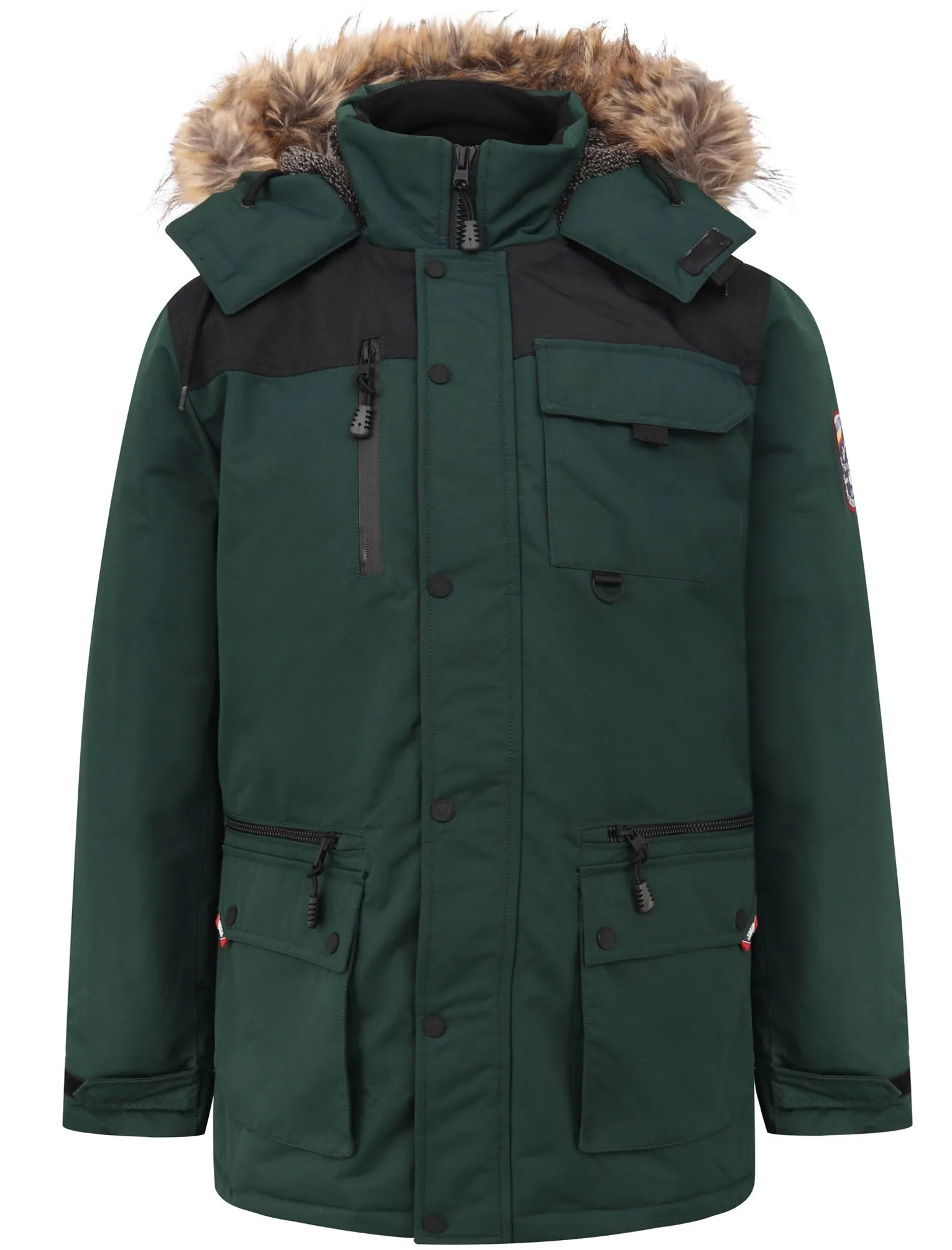 Haakon Colour Block Utility Parka Coat with Faux Fur Lined Hood in Pine Grove - Tokyo Laundry