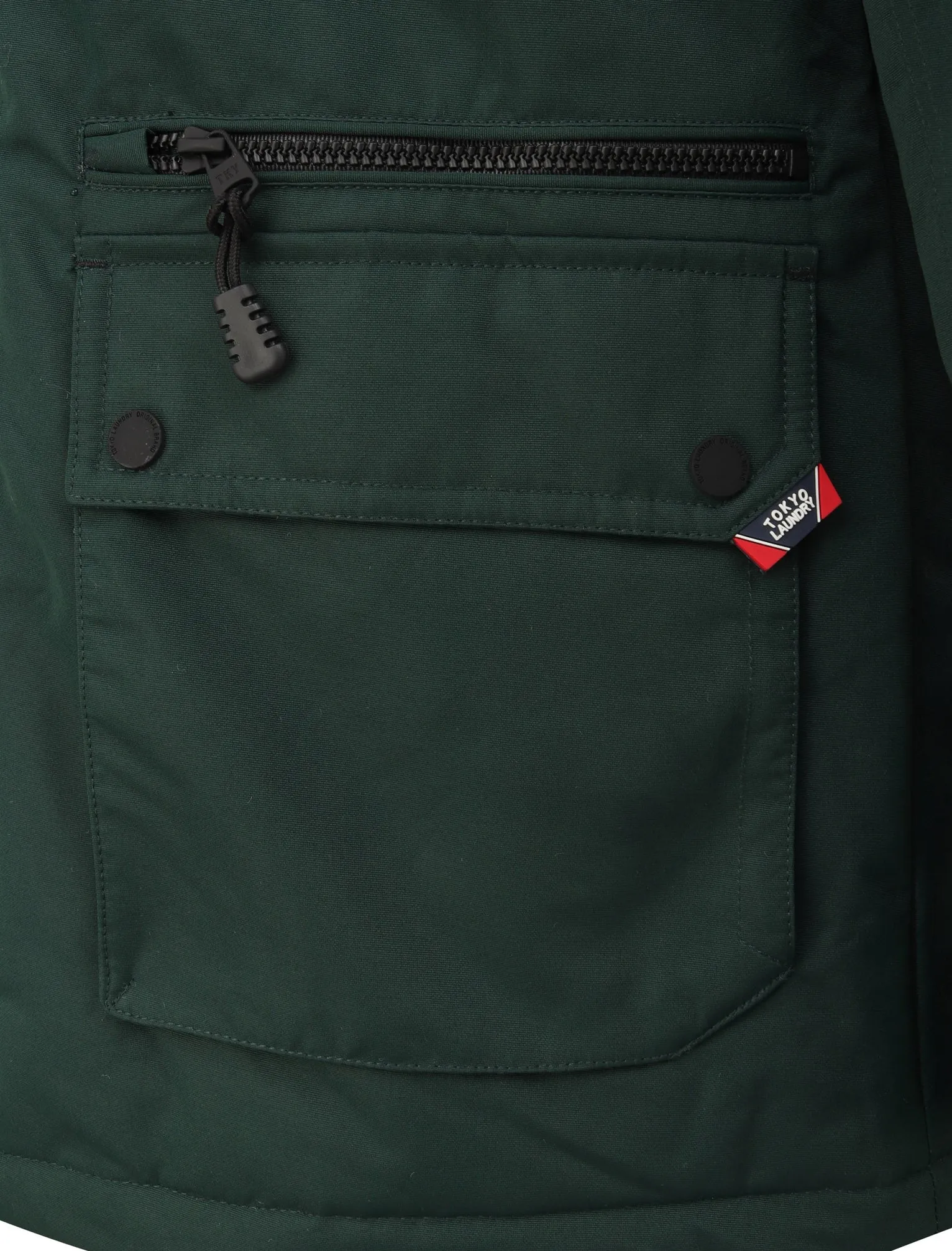 Haakon Colour Block Utility Parka Coat with Faux Fur Lined Hood in Pine Grove - Tokyo Laundry