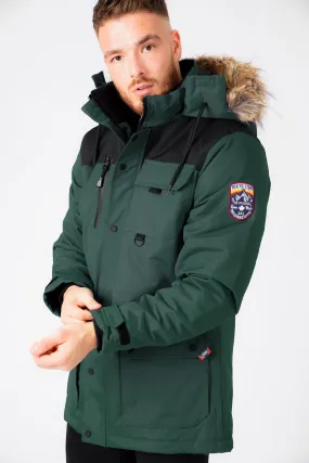 Haakon Colour Block Utility Parka Coat with Faux Fur Lined Hood in Pine Grove - Tokyo Laundry