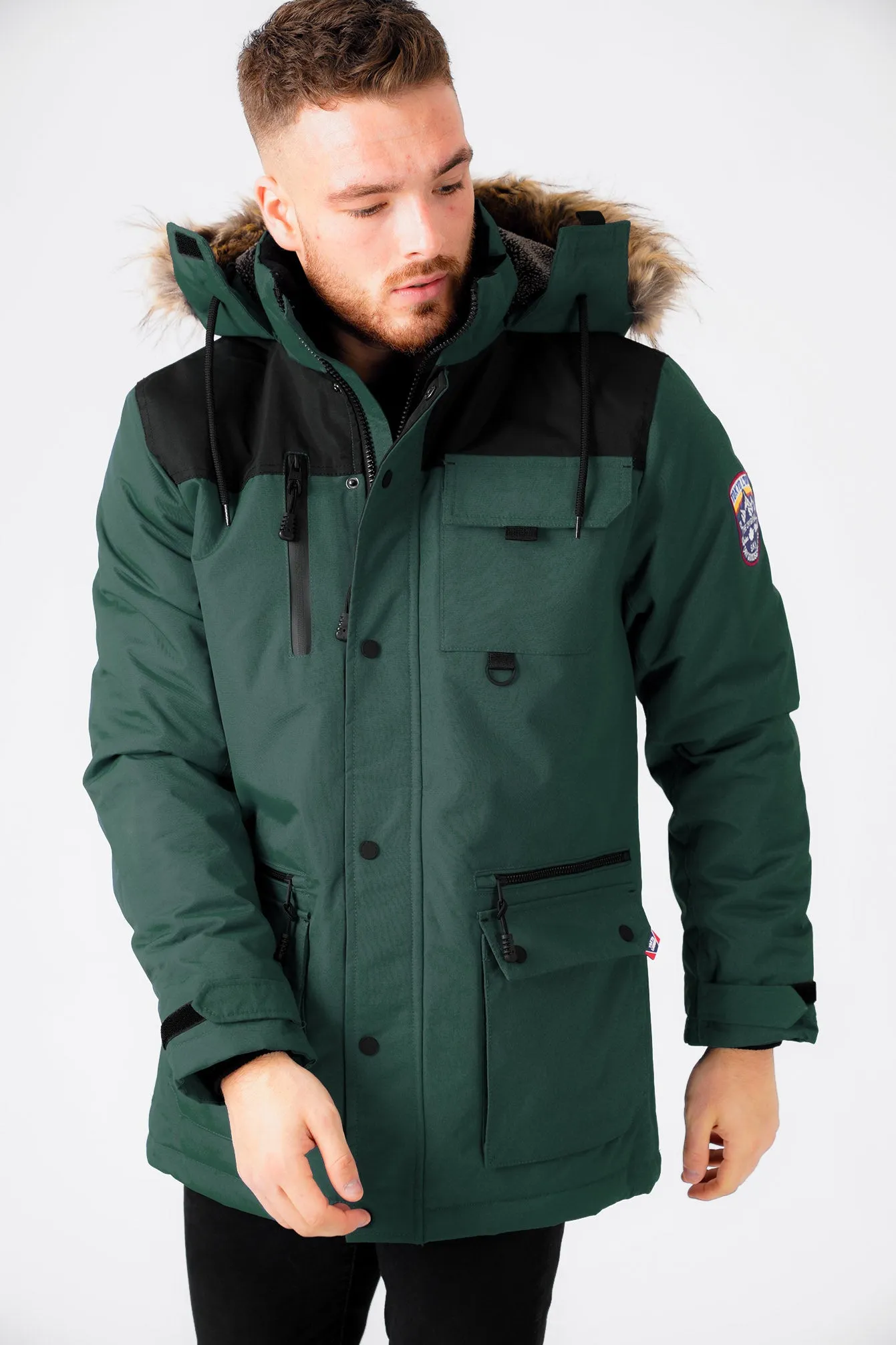 Haakon Colour Block Utility Parka Coat with Faux Fur Lined Hood in Pine Grove - Tokyo Laundry