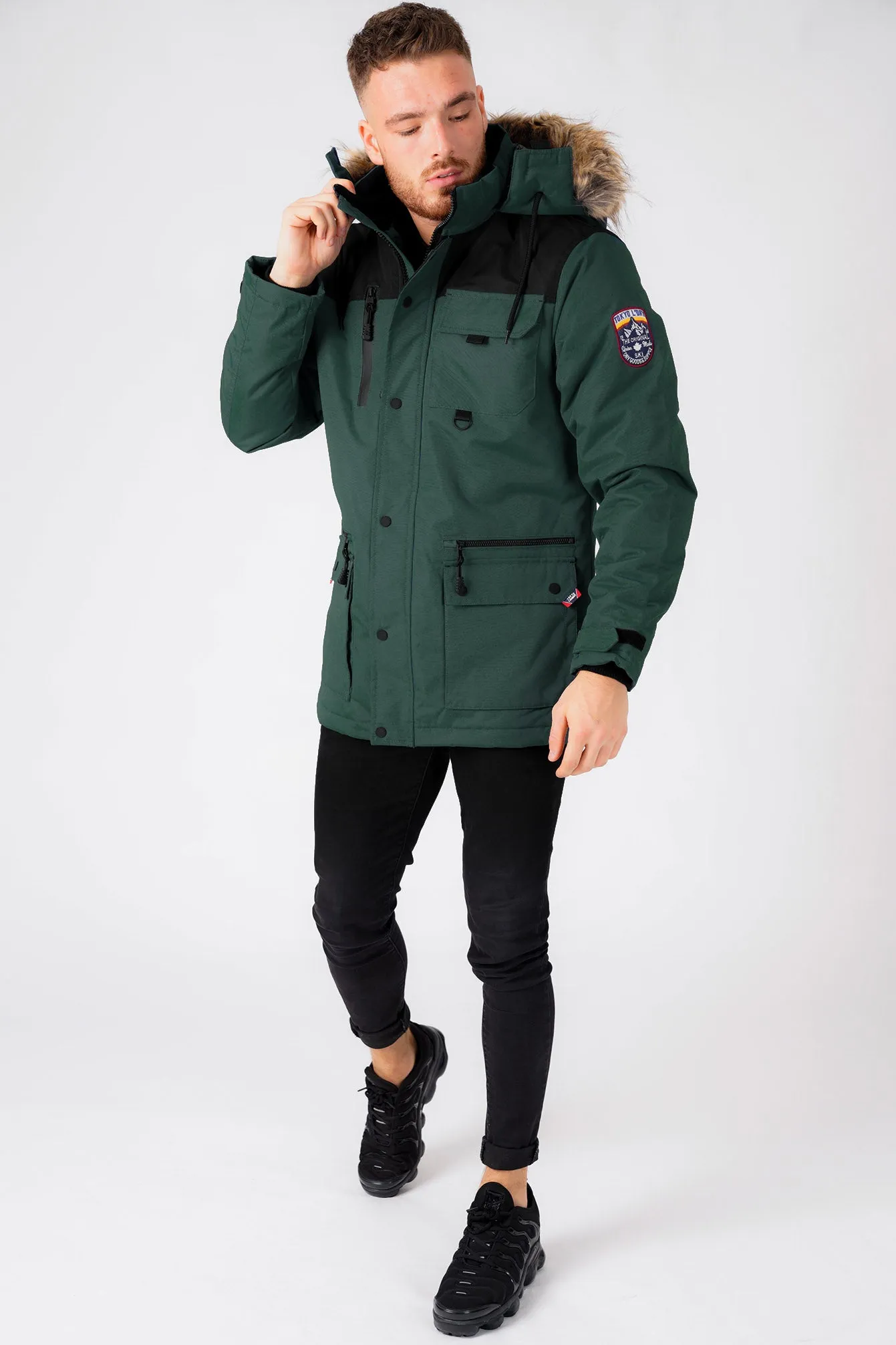 Haakon Colour Block Utility Parka Coat with Faux Fur Lined Hood in Pine Grove - Tokyo Laundry
