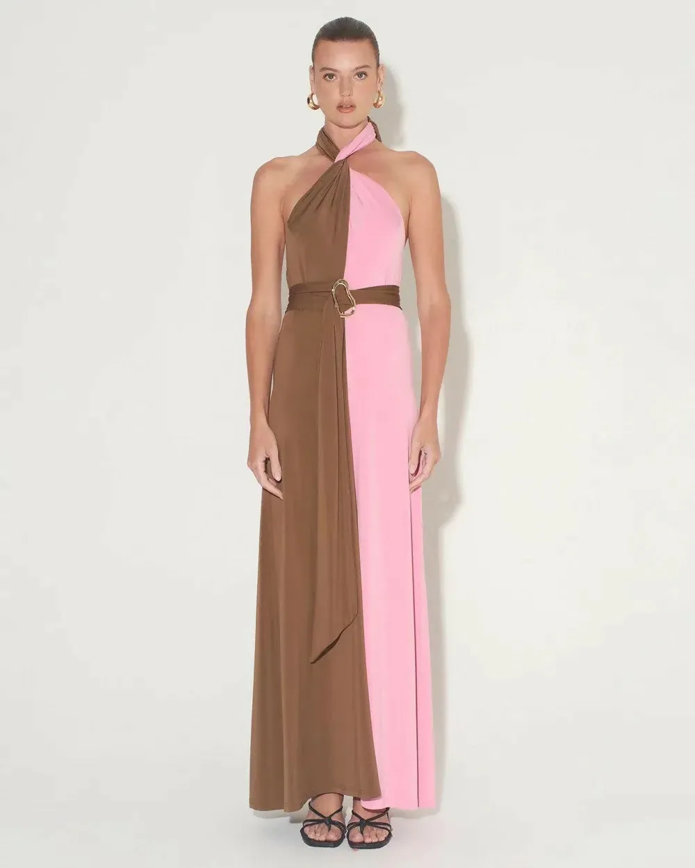 Hansen & Gretel Tempest Halter Wrap Dress In Carob/Pink