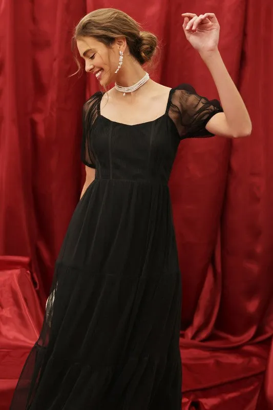 HAYLIEGH ORGANZA PUFF SLEEVE CORSET TIERED MIDI DRESS