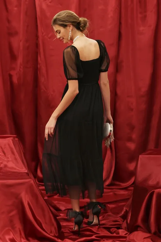 HAYLIEGH ORGANZA PUFF SLEEVE CORSET TIERED MIDI DRESS