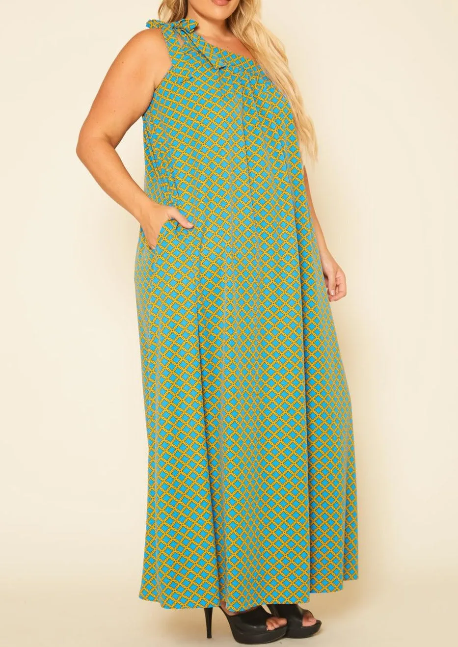 Hi Curvy Plus Size Women One Shoulder Greek Maxi Dress