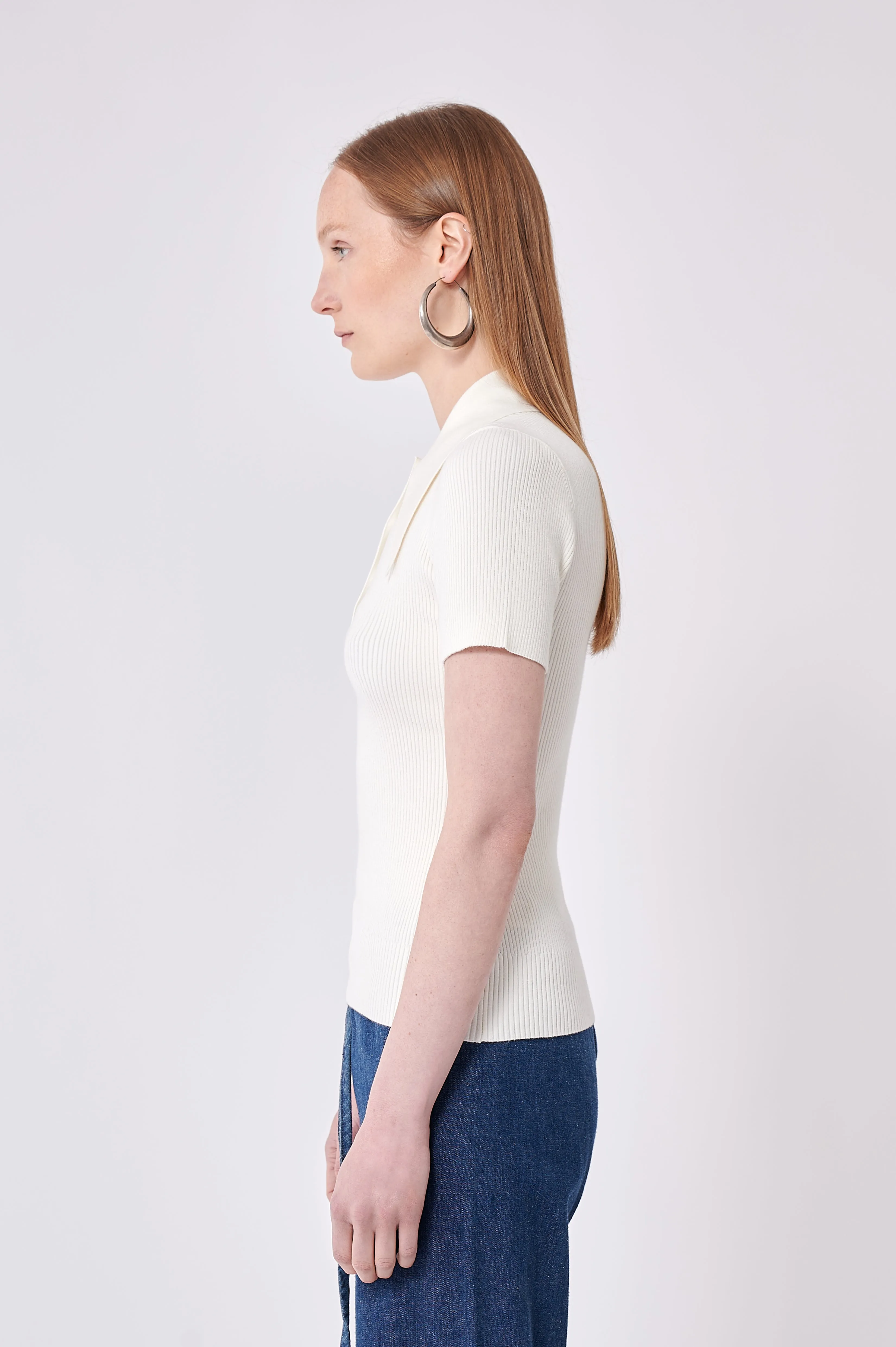 Ice Water White Peachskin Rib Polo Top