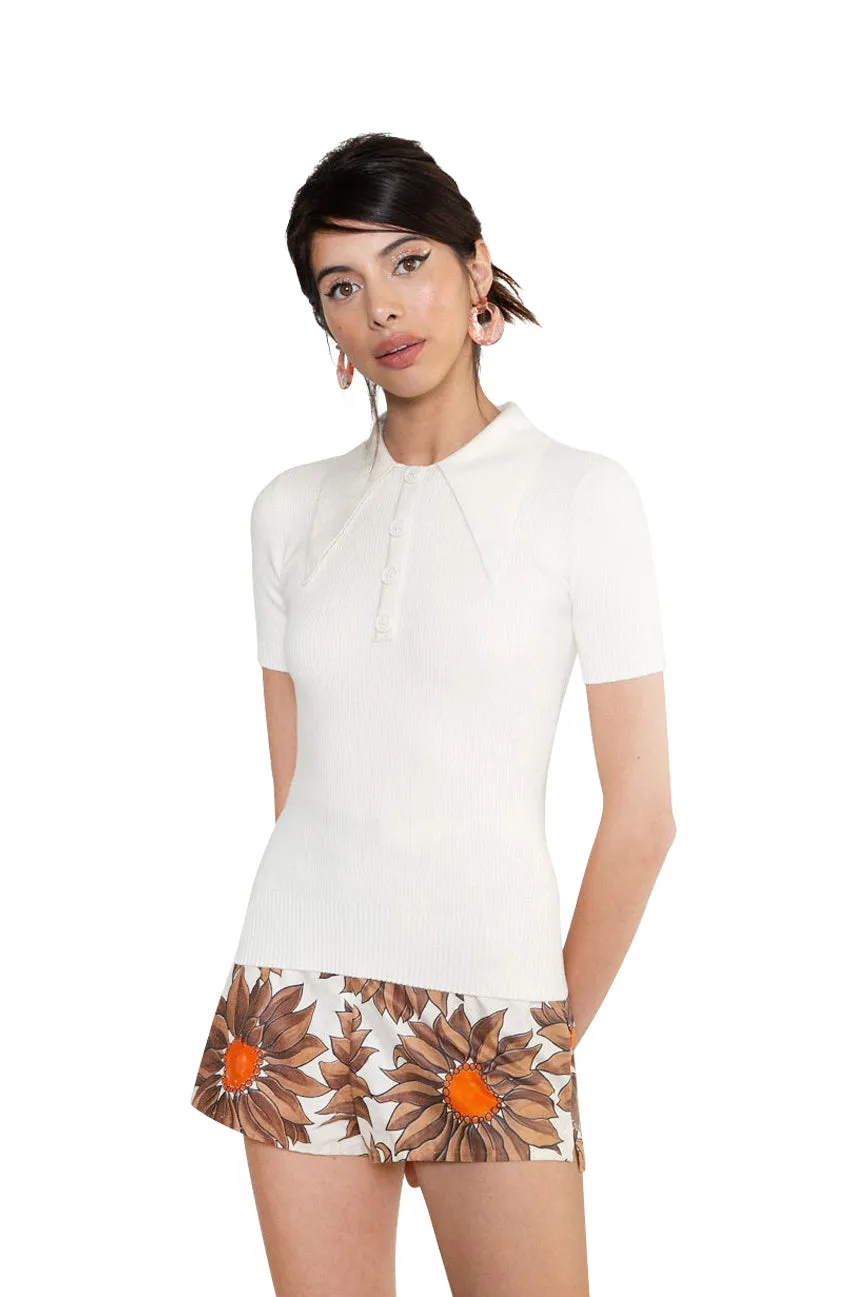 Ice Water White Peachskin Rib Polo Top