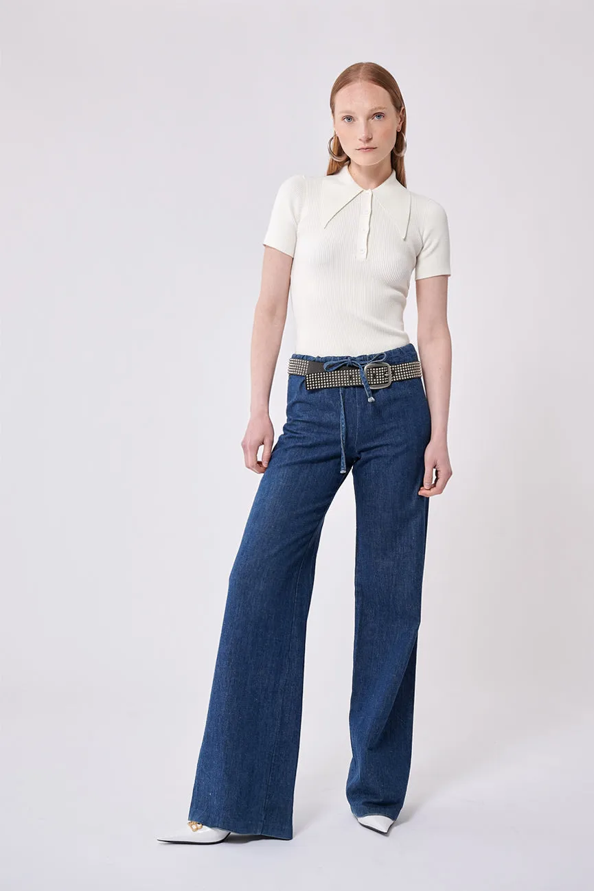 Ice Water White Peachskin Rib Polo Top