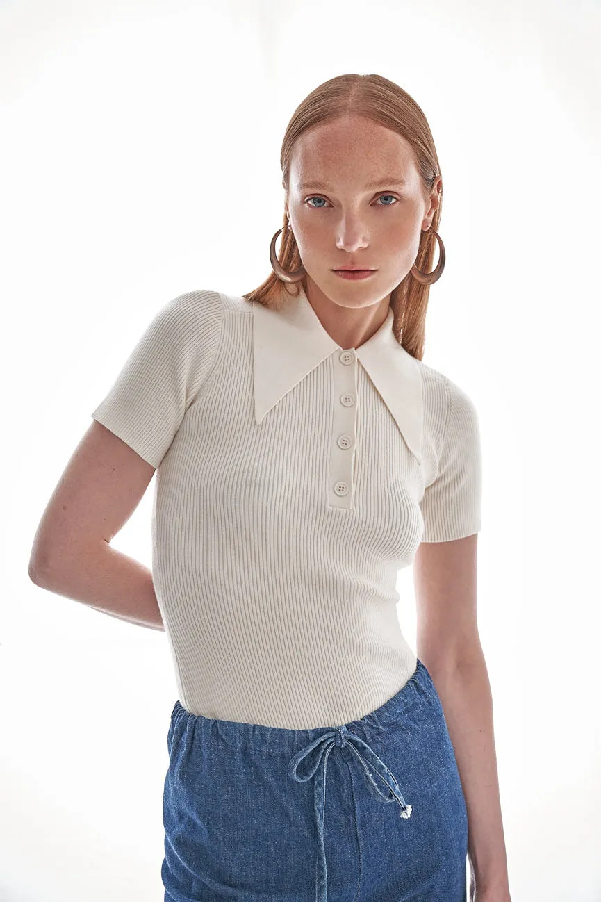 Ice Water White Peachskin Rib Polo Top