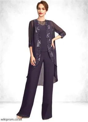 Janice Jumpsuit/Pantsuit Scoop Neck Floor-Length Chiffon Lace Mother of the Bride Dress With Sequins SWK126P0015010
