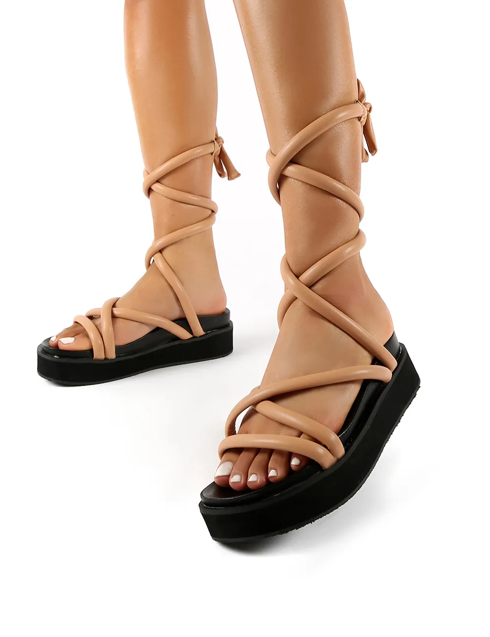 Jolly Nude Drench PU Weaved Ankle Strap Detail Chunky Sandals