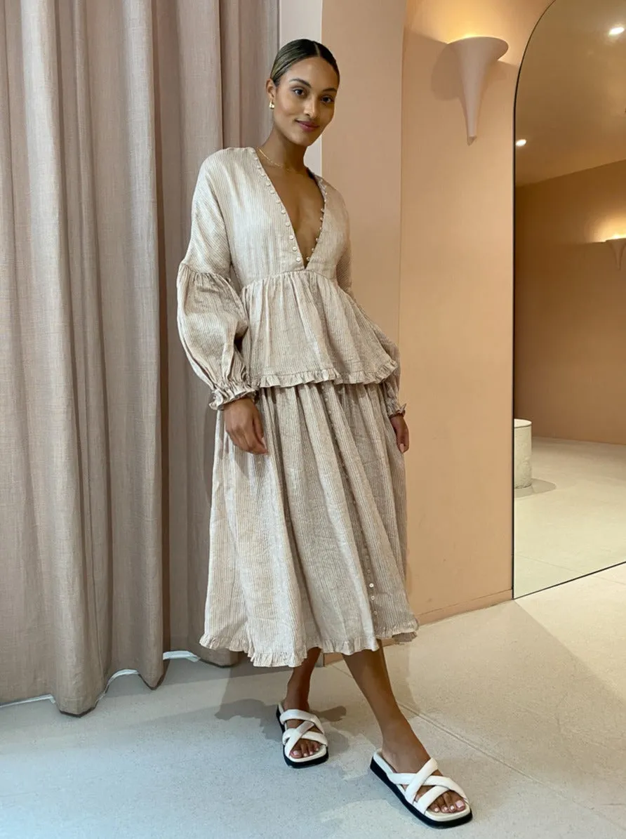Joslin Ida Linen Silk Midi Dress in Ginger Butter Stripe