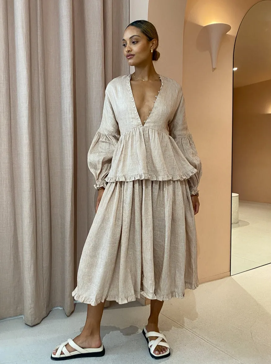 Joslin Ida Linen Silk Midi Dress in Ginger Butter Stripe