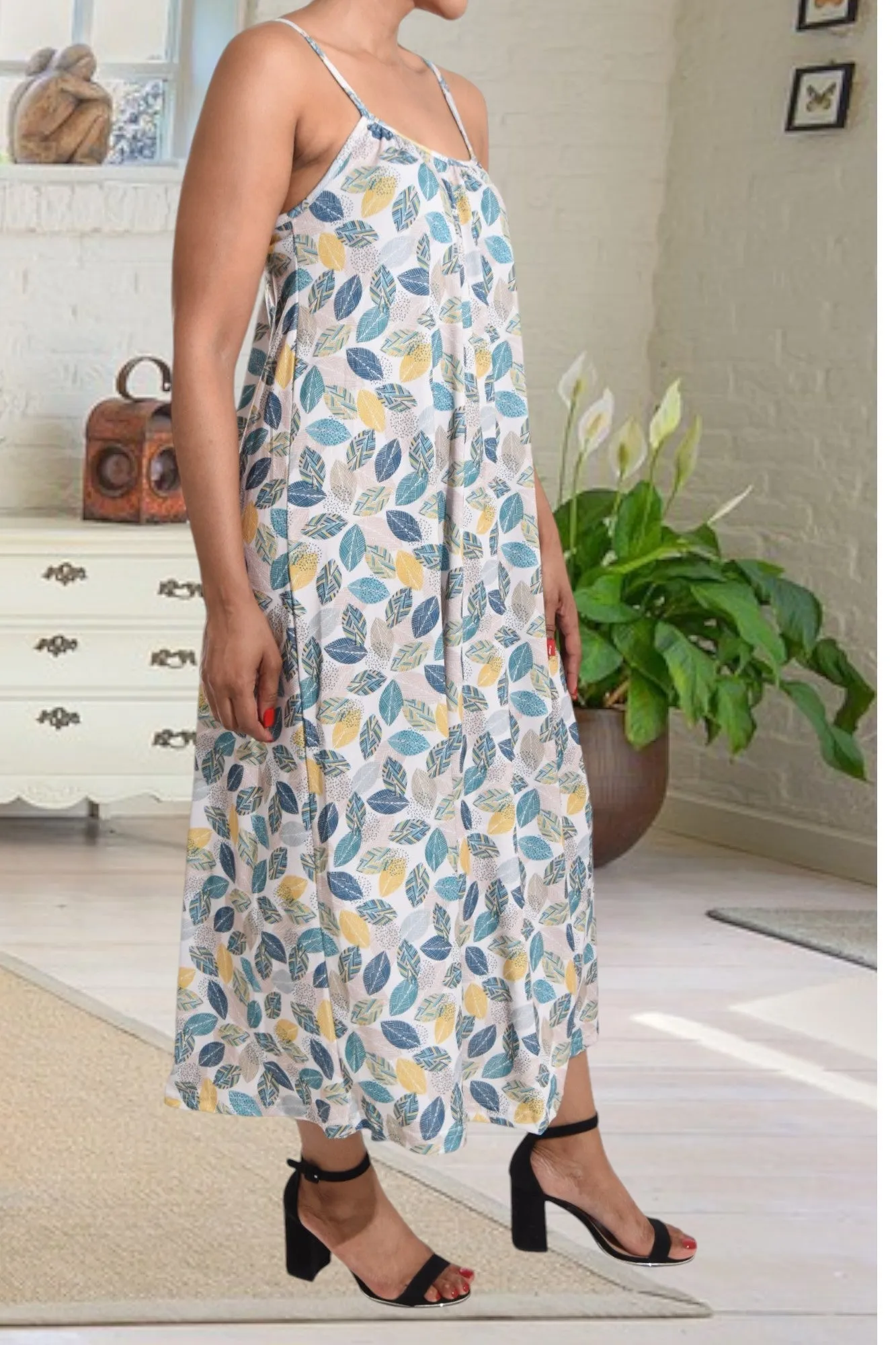 Leaf Print Strappy Maxi Dress