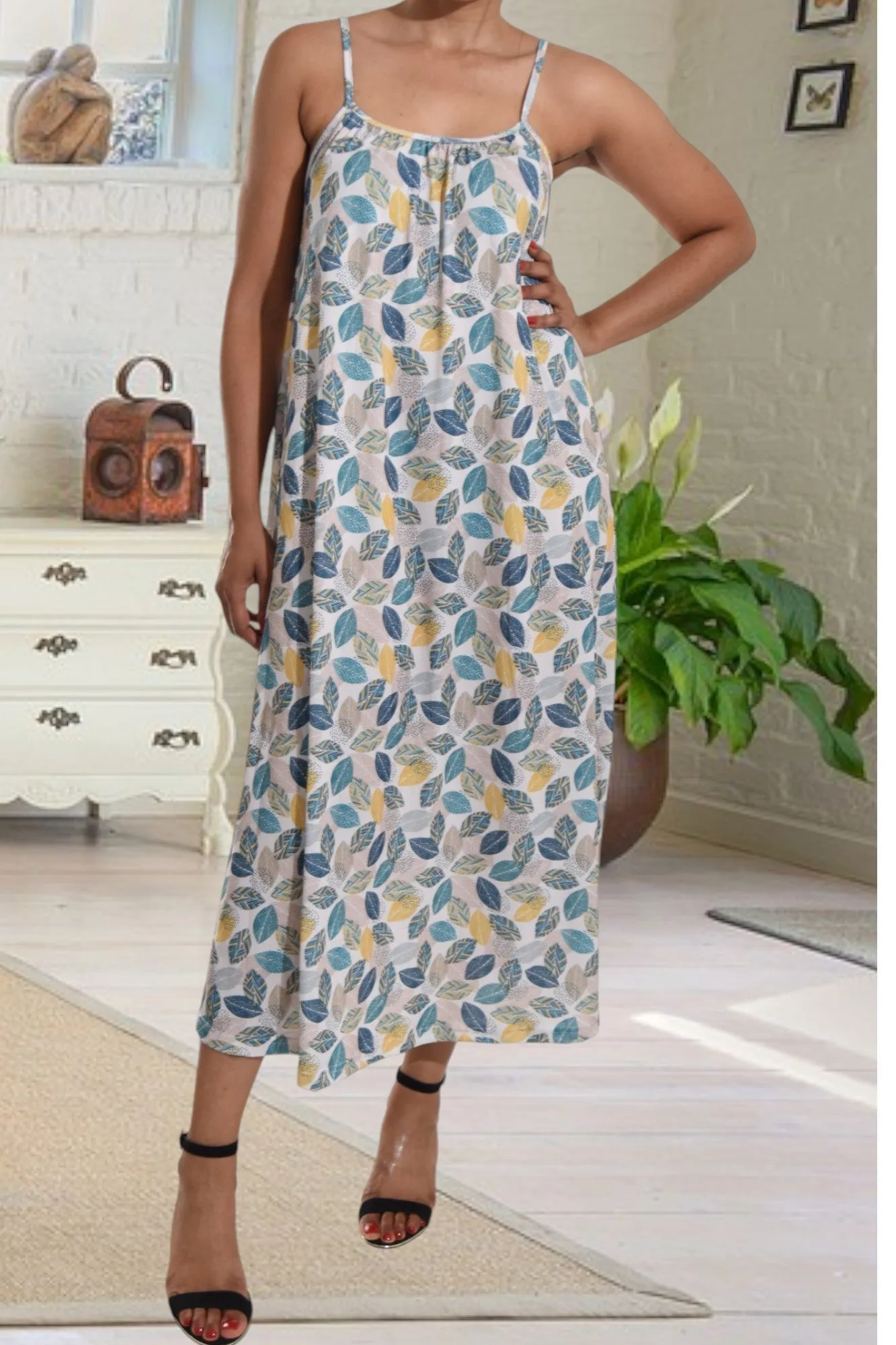 Leaf Print Strappy Maxi Dress