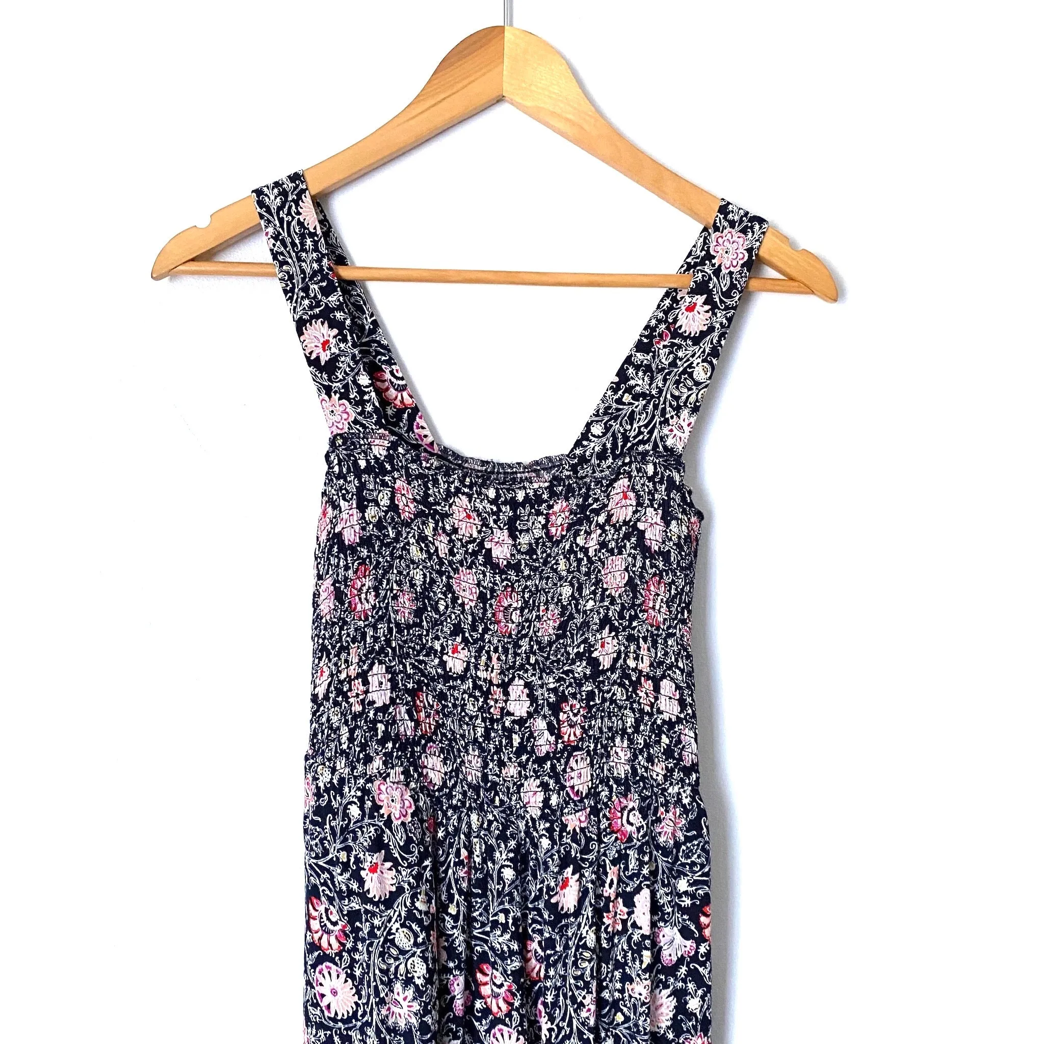 LOFT Black Floral Smocked Bodice Cropped Wide Leg Jumpsuit- Size XS