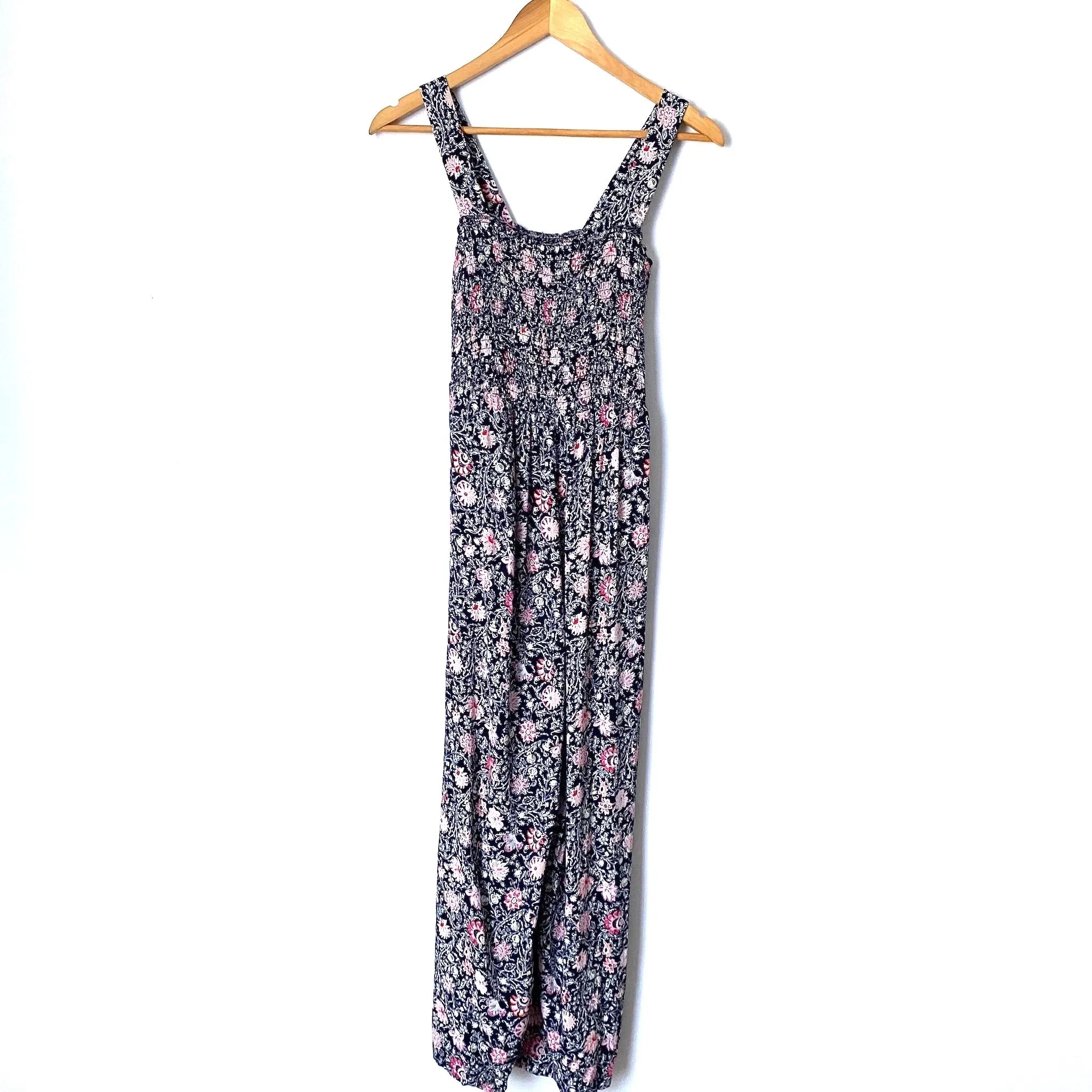 LOFT Black Floral Smocked Bodice Cropped Wide Leg Jumpsuit- Size XS