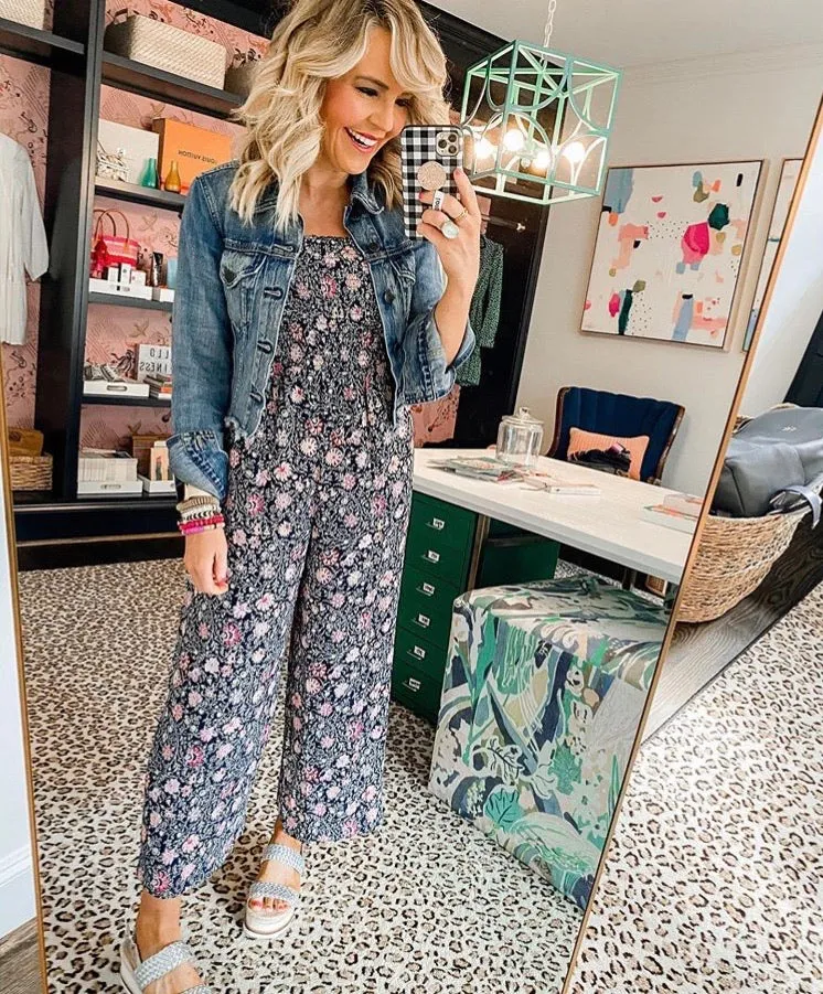 LOFT Black Floral Smocked Bodice Cropped Wide Leg Jumpsuit- Size XS