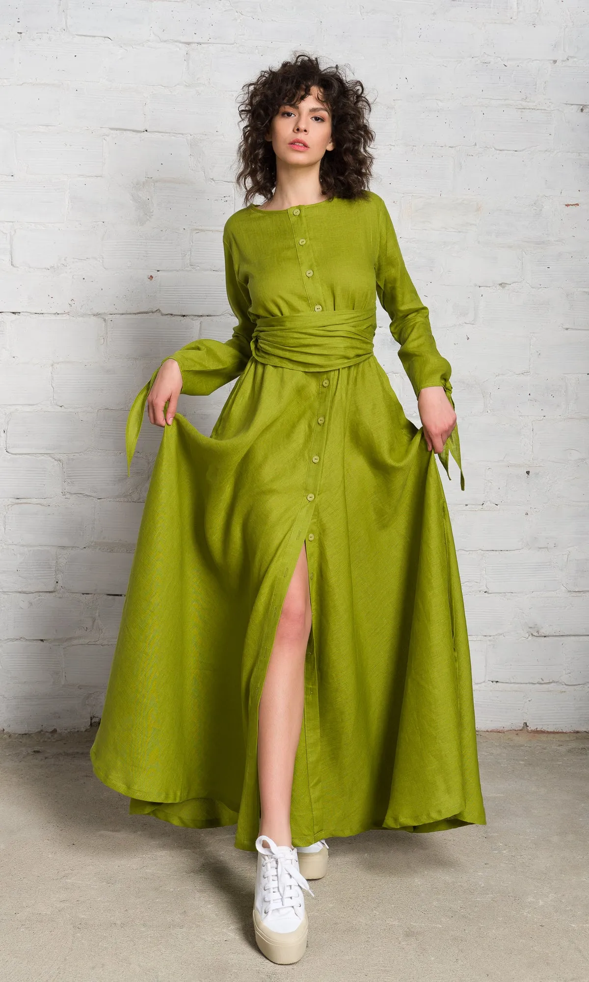 Long Linen Shirt Dress with Belt