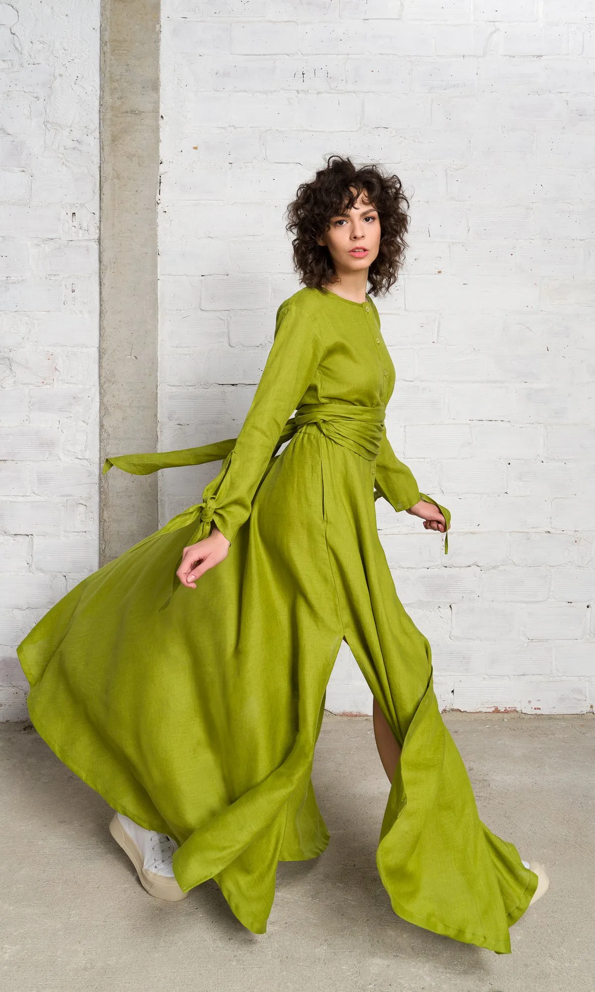 Long Linen Shirt Dress with Belt