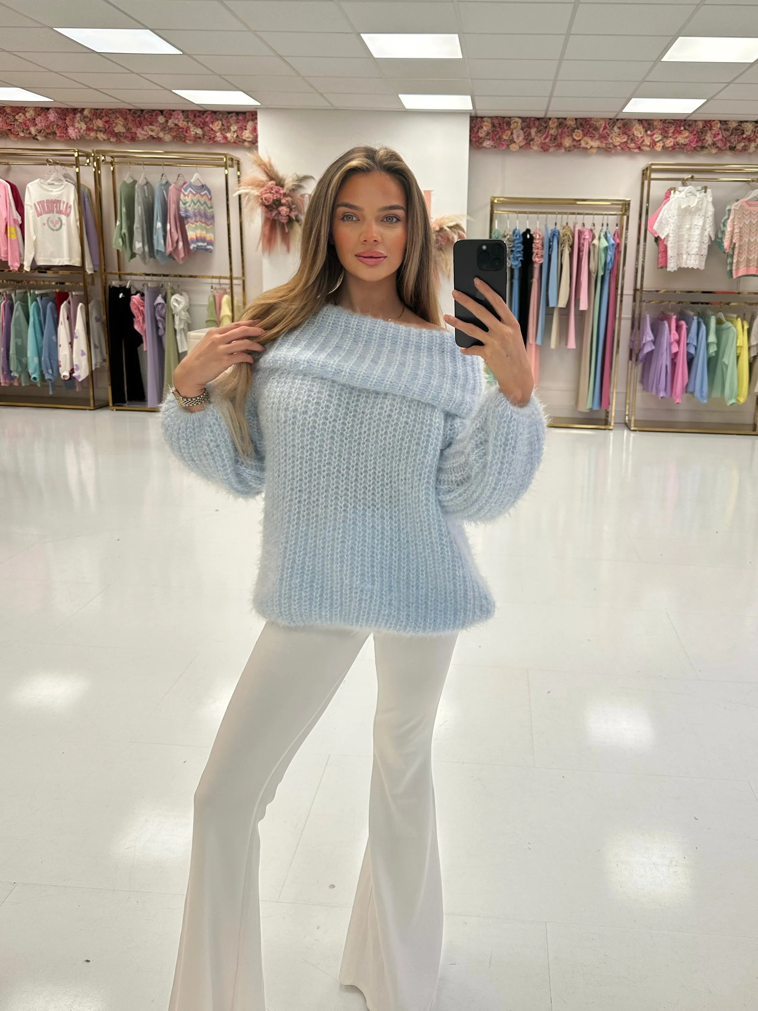 Maddie baby blue knit off shoulder jumper