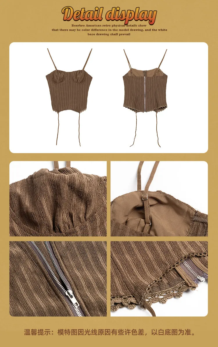 Marilla Striped Lace-Trimmed Tassel Spaghetti Strap Camisole Summer Cropped Top
