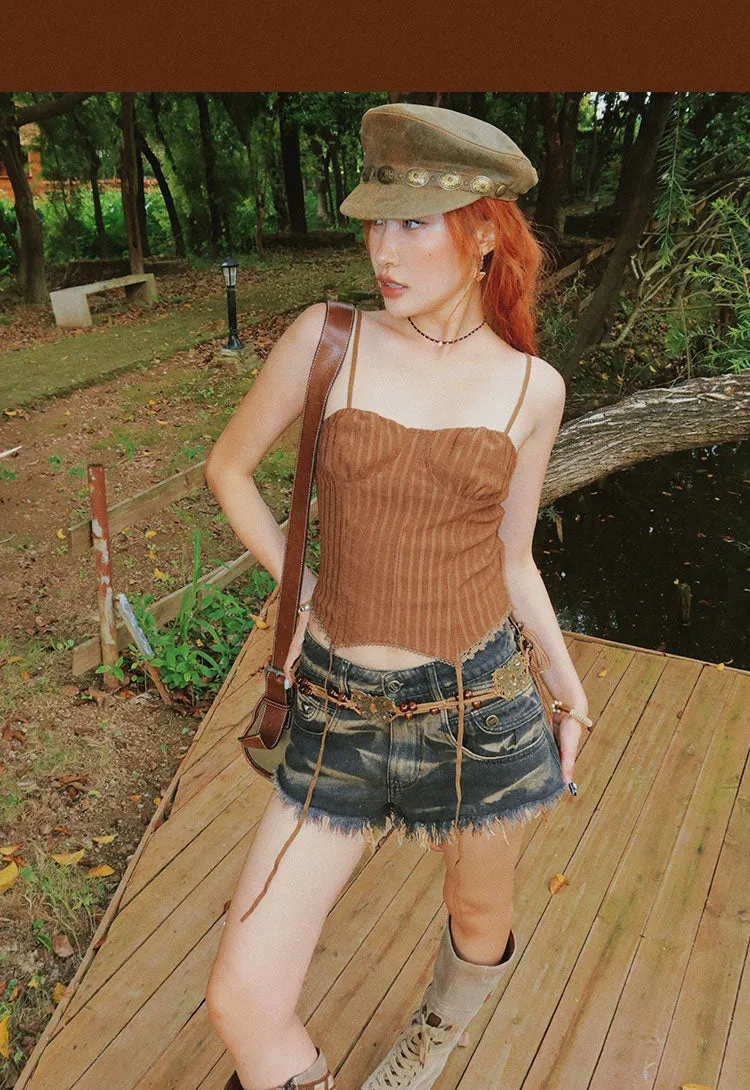 Marilla Striped Lace-Trimmed Tassel Spaghetti Strap Camisole Summer Cropped Top