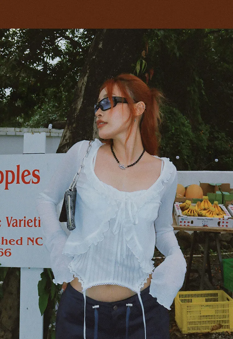 Marilla Striped Lace-Trimmed Tassel Spaghetti Strap Camisole Summer Cropped Top