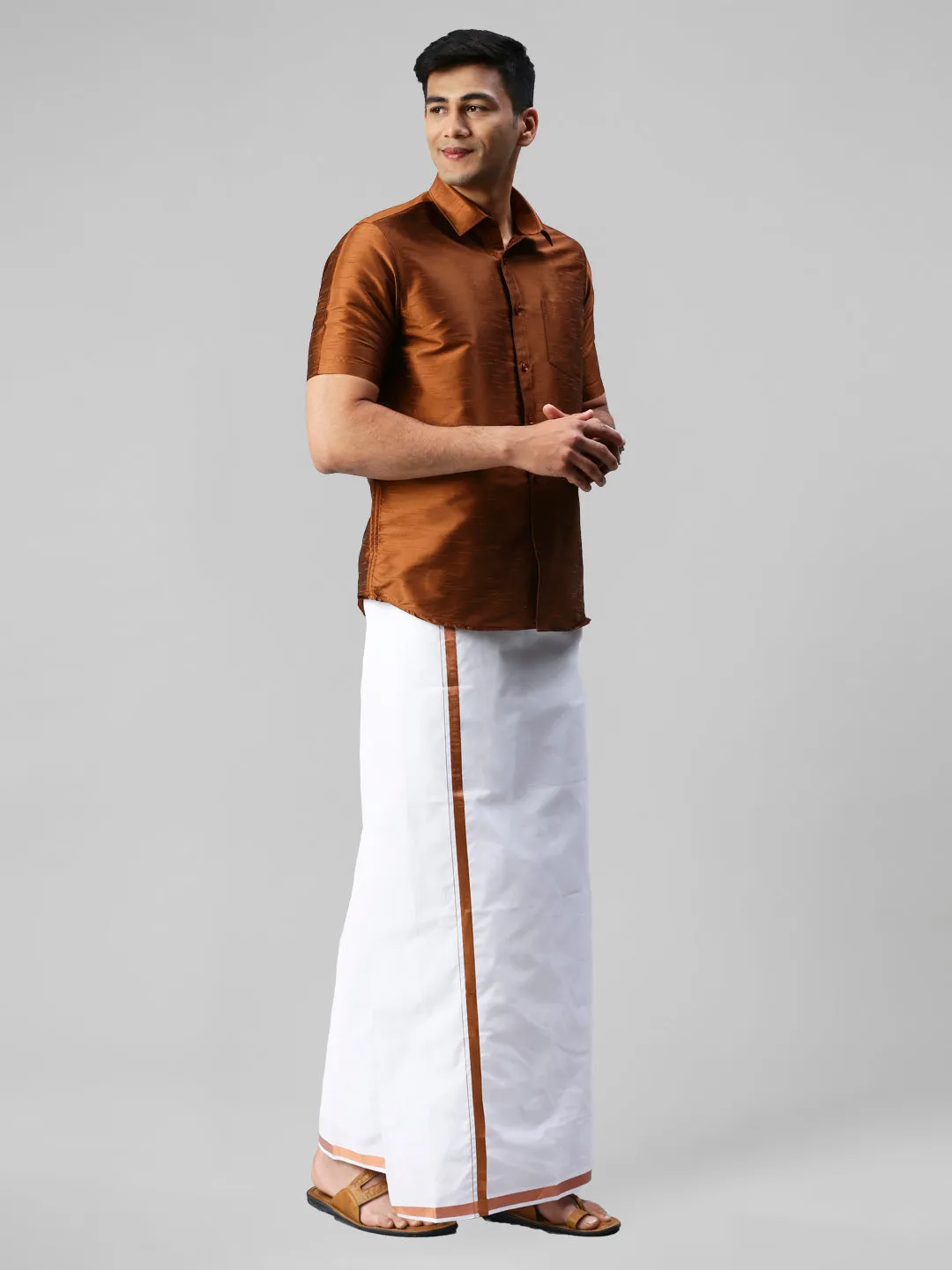Men Copper Half Sleeves Shirt with Jari Dhoti Set Glory
