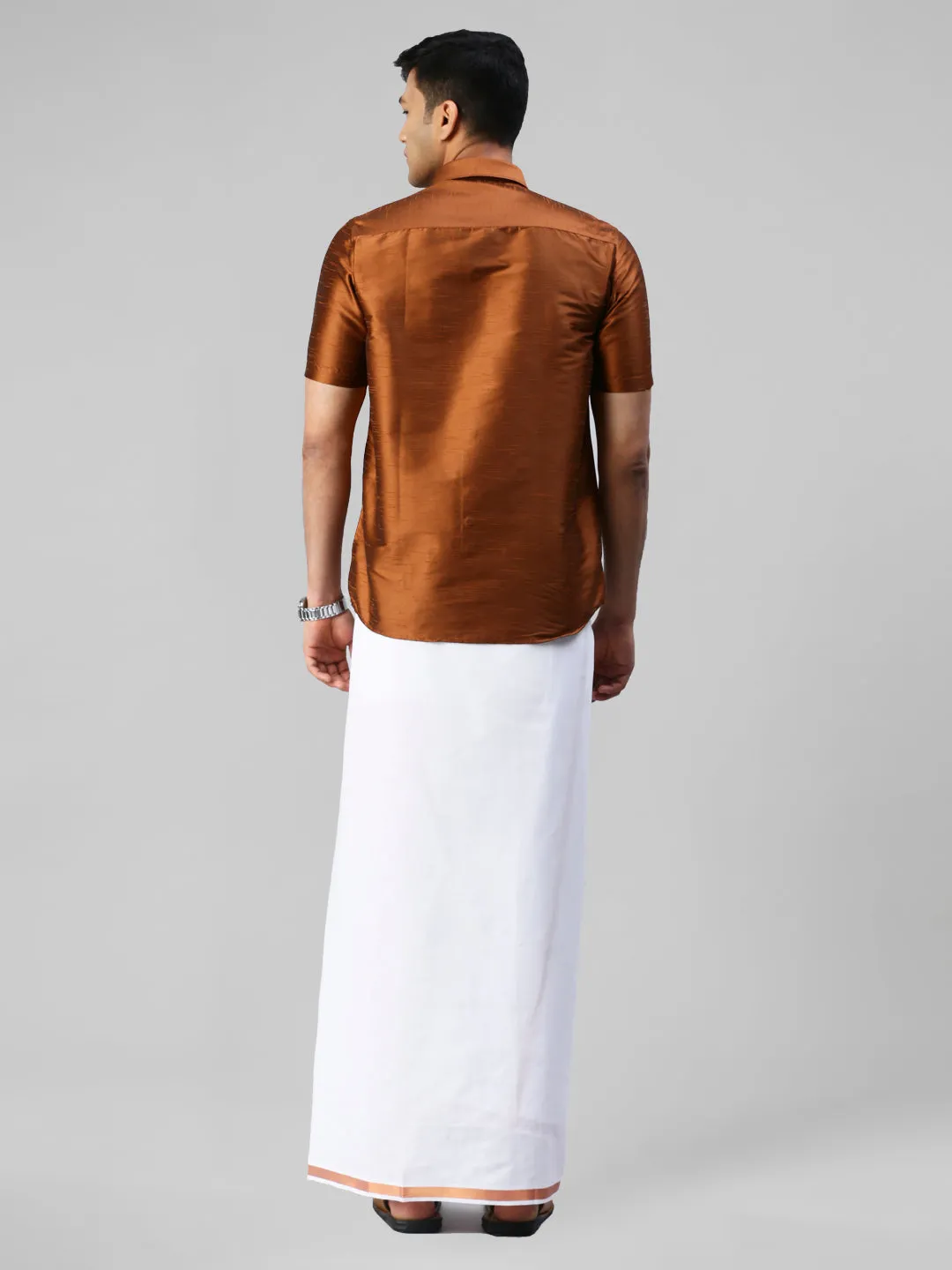 Men Copper Half Sleeves Shirt with Jari Dhoti Set Glory