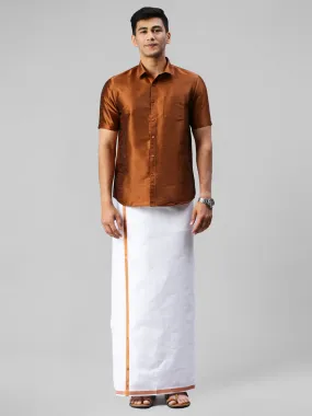 Men Copper Half Sleeves Shirt with Jari Dhoti Set Glory