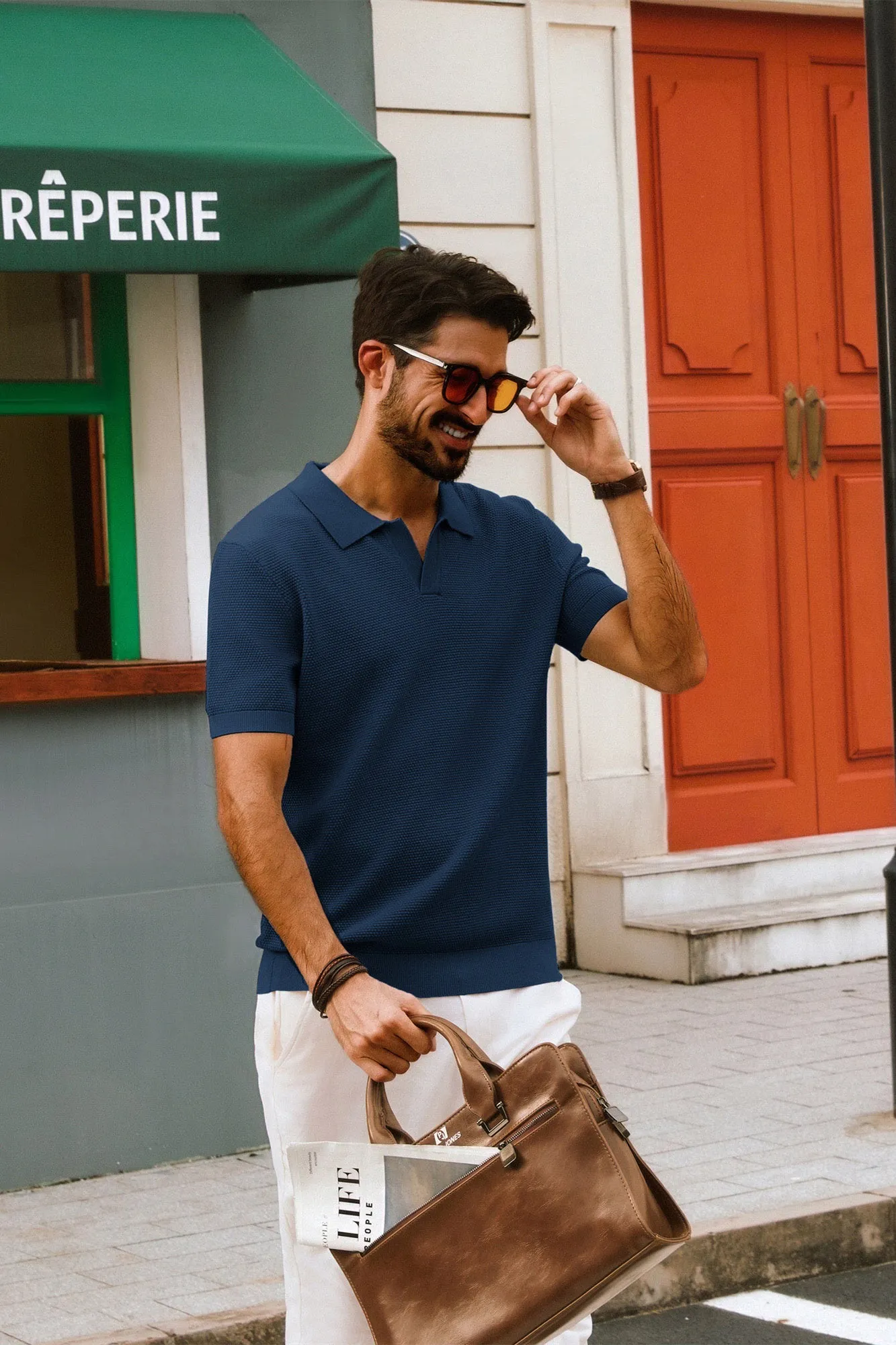 Men Pineapple Textured Polo-Shirt Short Sleeve Lapel Collar Knitwear Tops