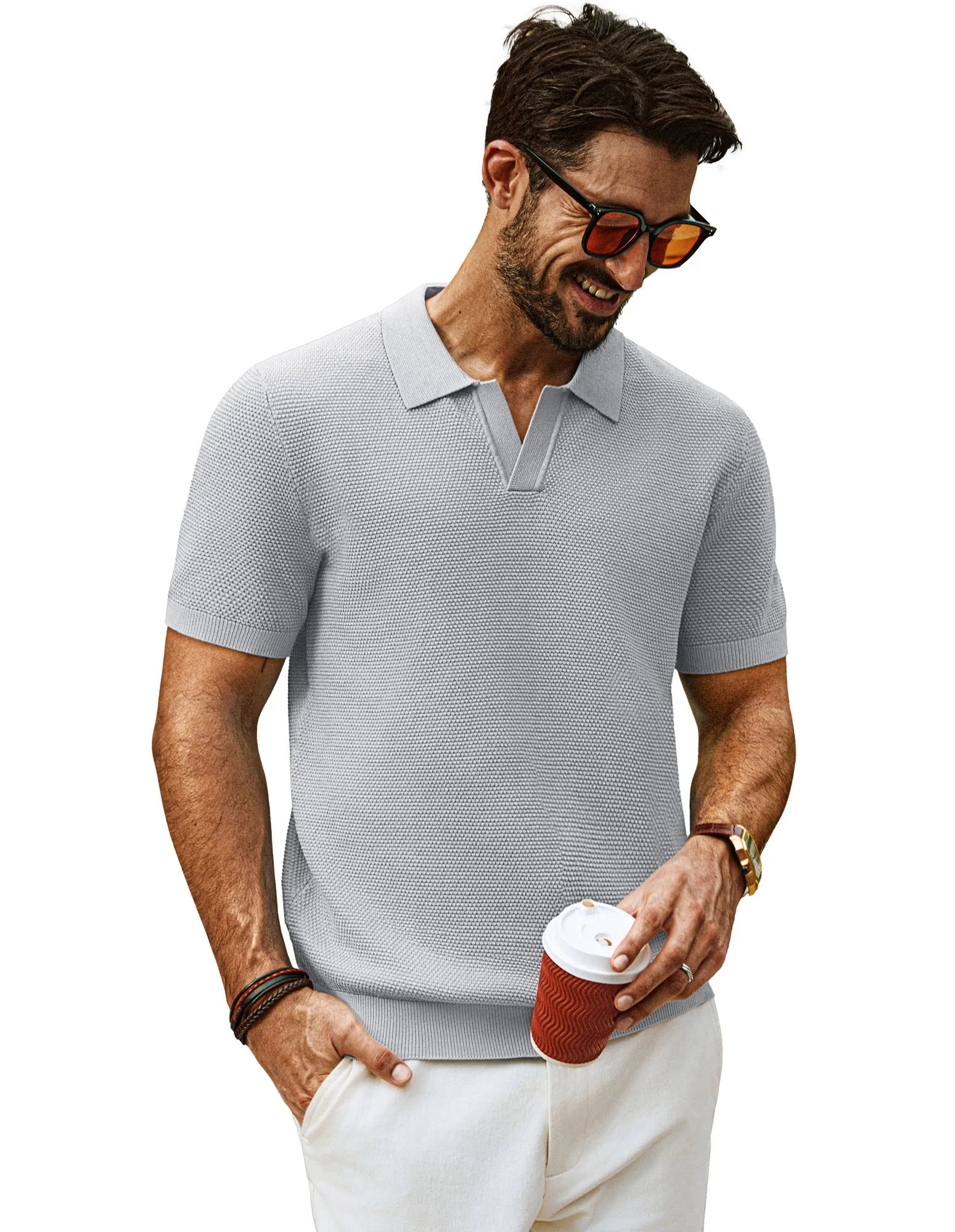 Men Pineapple Textured Polo-Shirt Short Sleeve Lapel Collar Knitwear Tops