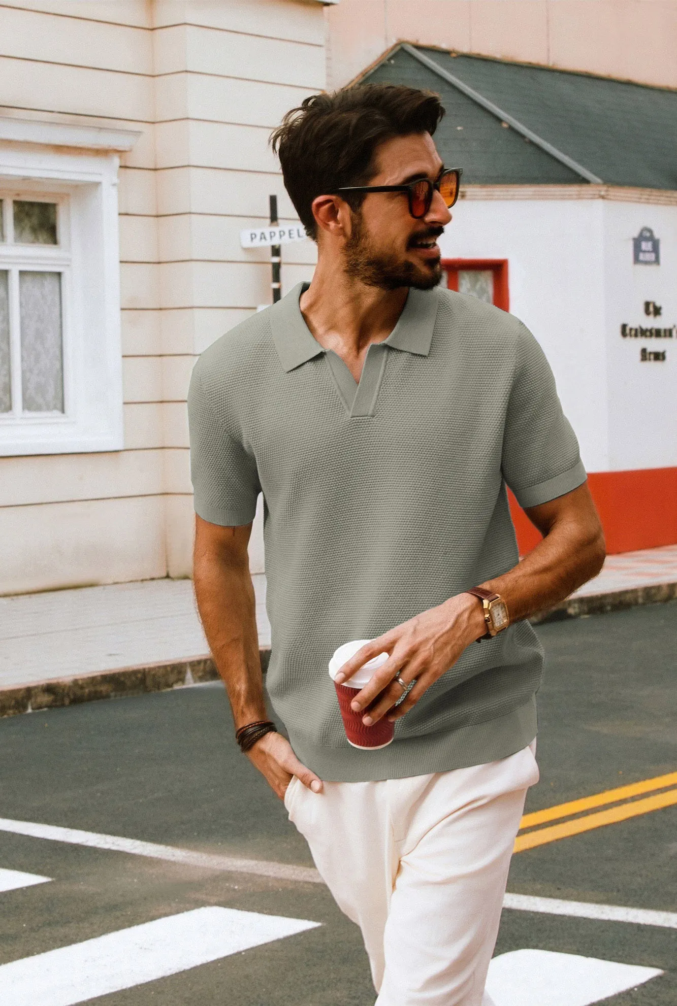 Men Pineapple Textured Polo-Shirt Short Sleeve Lapel Collar Knitwear Tops