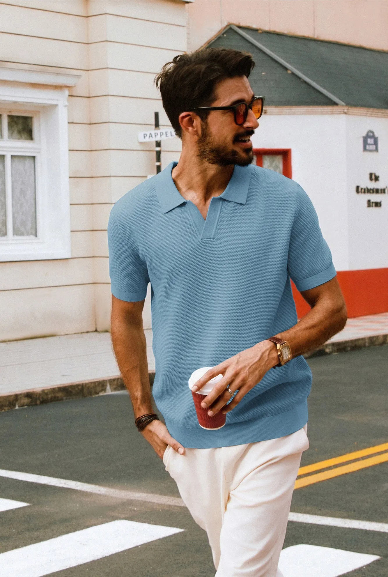 Men Pineapple Textured Polo-Shirt Short Sleeve Lapel Collar Knitwear Tops
