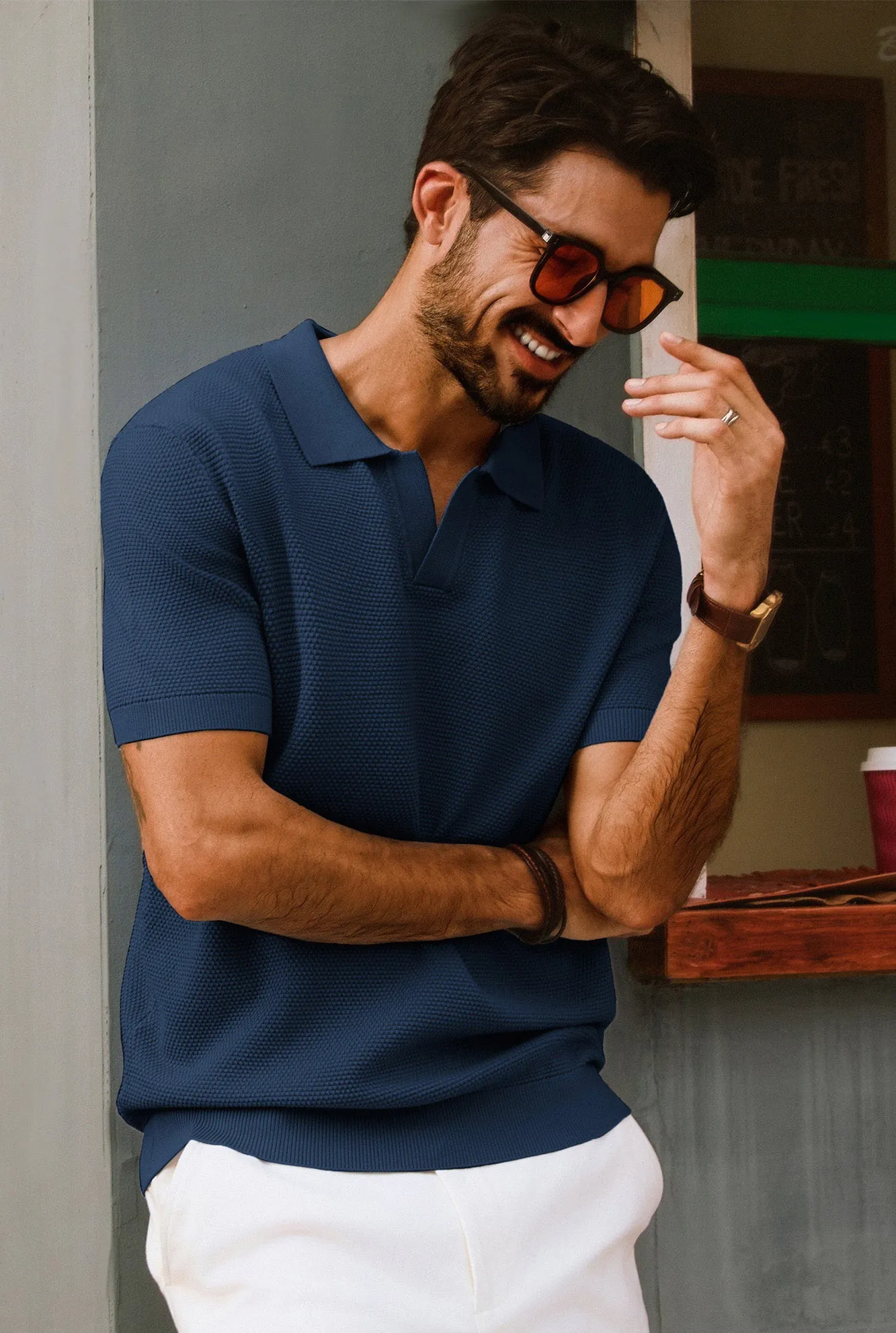 Men Pineapple Textured Polo-Shirt Short Sleeve Lapel Collar Knitwear Tops