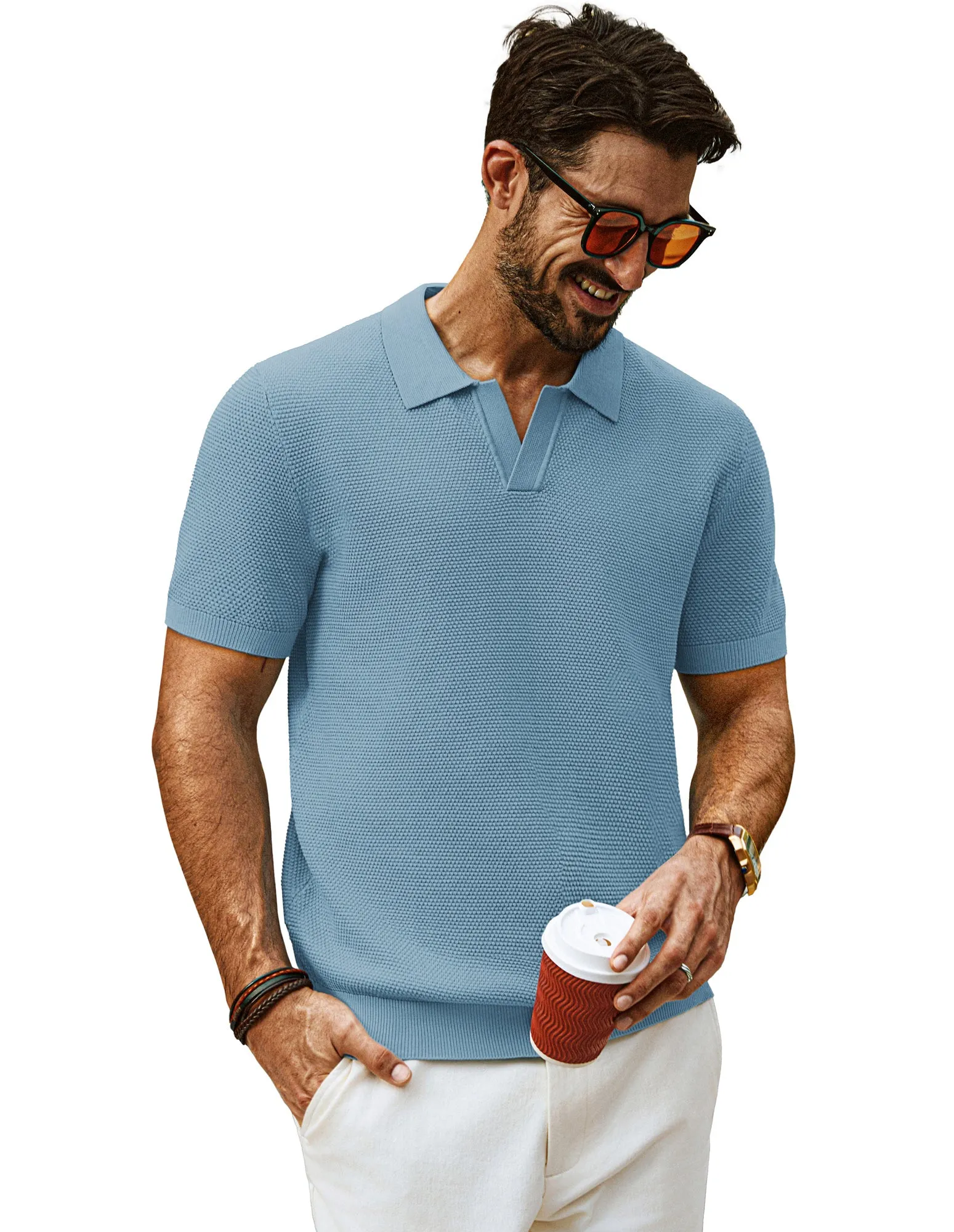 Men Pineapple Textured Polo-Shirt Short Sleeve Lapel Collar Knitwear Tops