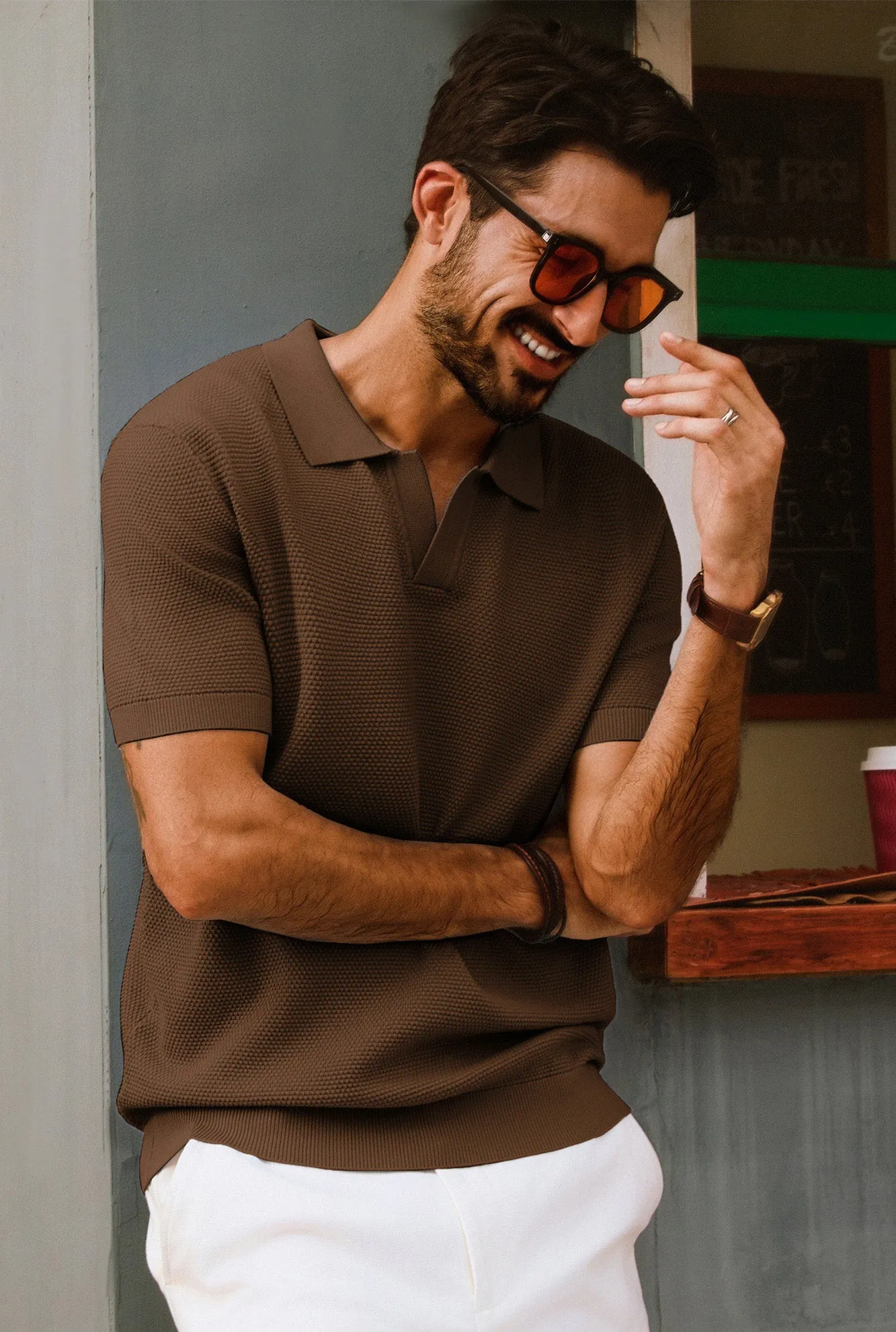 Men Pineapple Textured Polo-Shirt Short Sleeve Lapel Collar Knitwear Tops