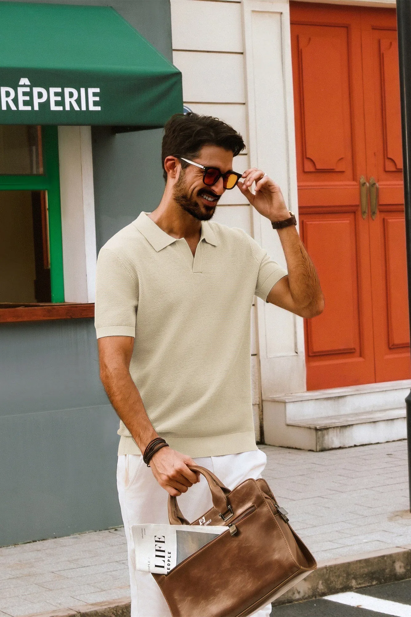 Men Pineapple Textured Polo-Shirt Short Sleeve Lapel Collar Knitwear Tops