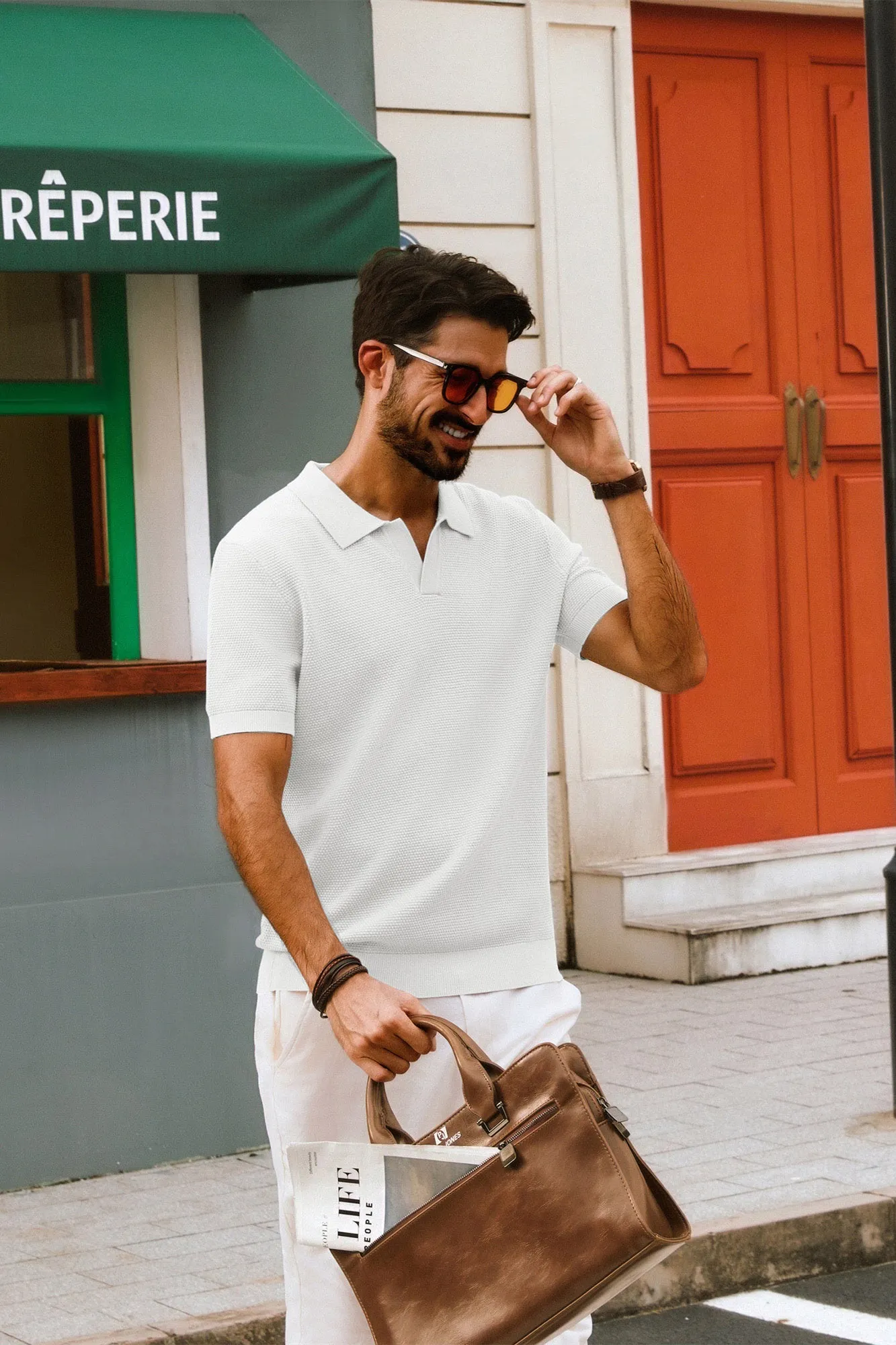 Men Pineapple Textured Polo-Shirt Short Sleeve Lapel Collar Knitwear Tops