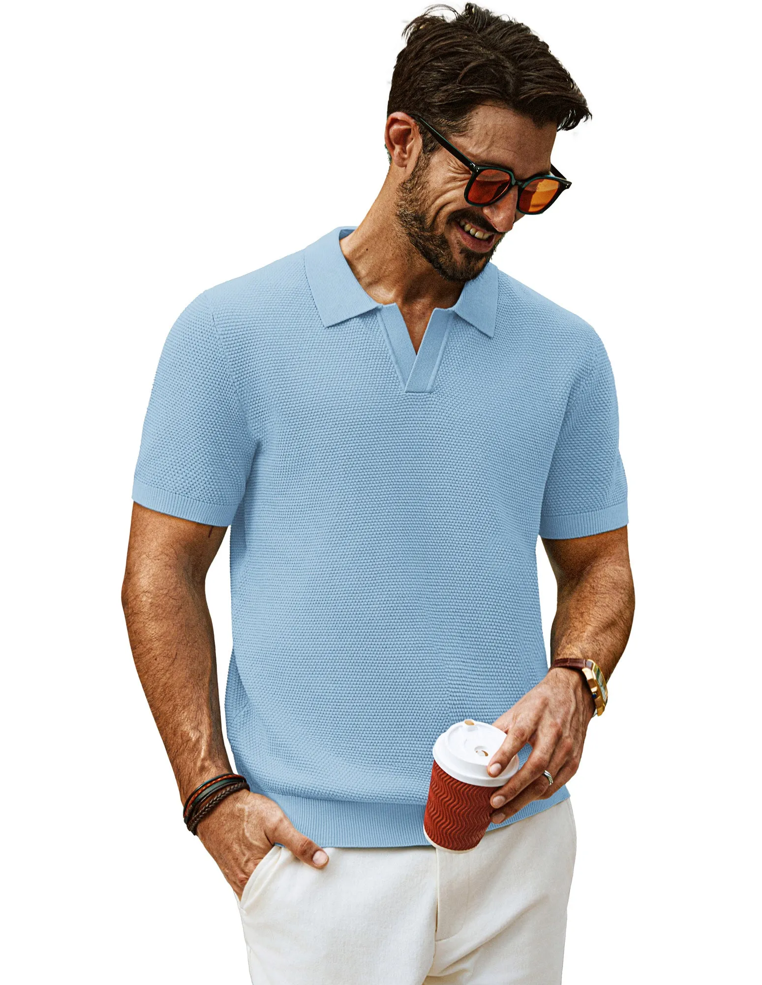Men Pineapple Textured Polo-Shirt Short Sleeve Lapel Collar Knitwear Tops