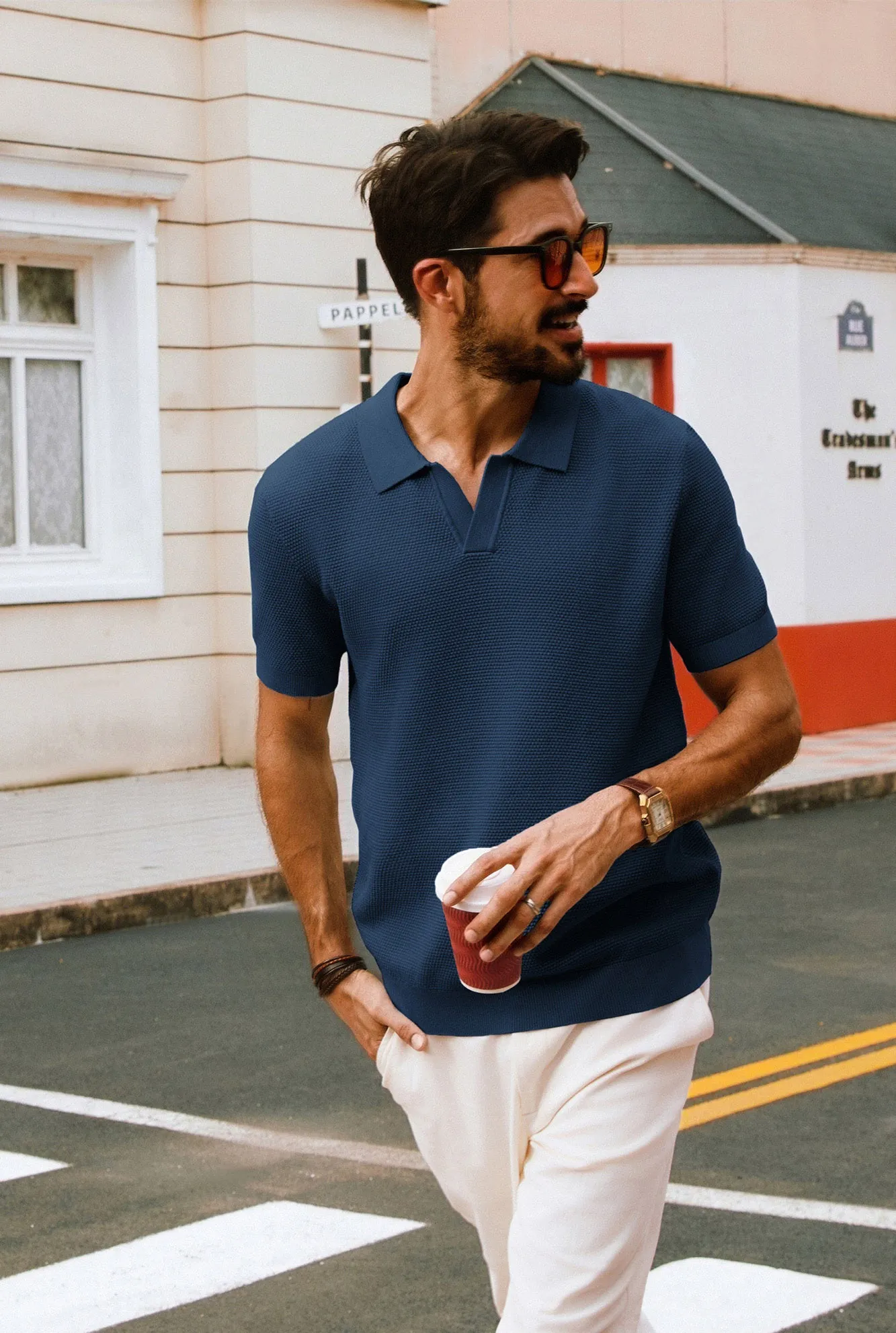 Men Pineapple Textured Polo-Shirt Short Sleeve Lapel Collar Knitwear Tops