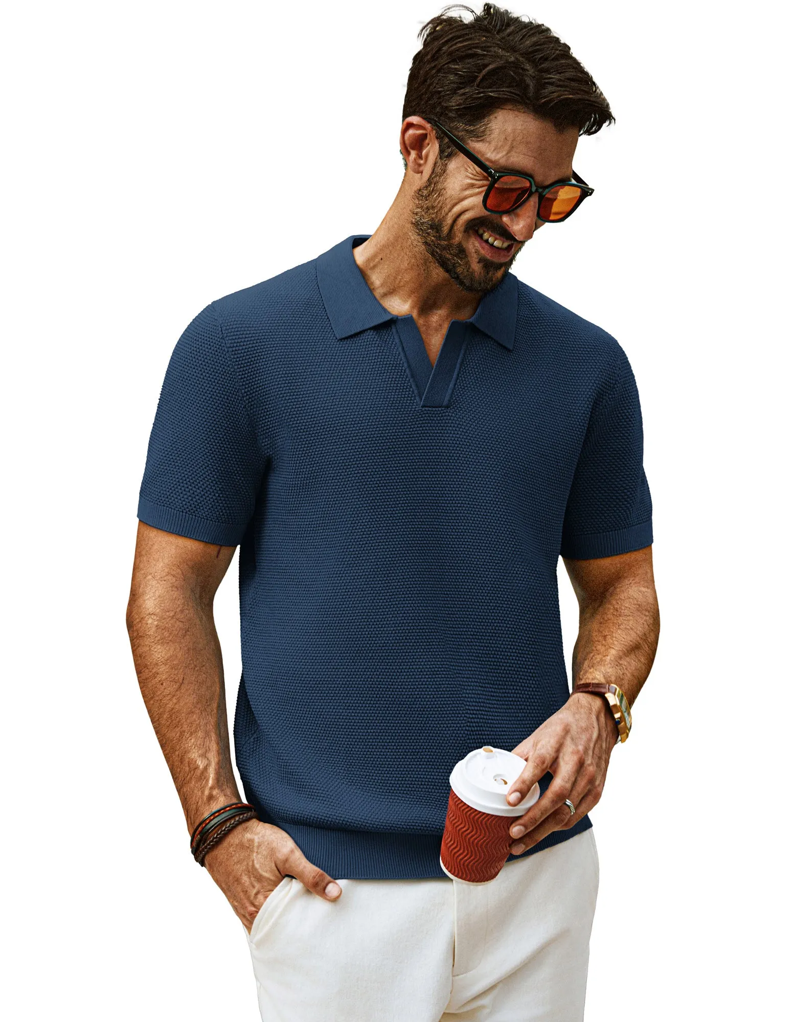 Men Pineapple Textured Polo-Shirt Short Sleeve Lapel Collar Knitwear Tops