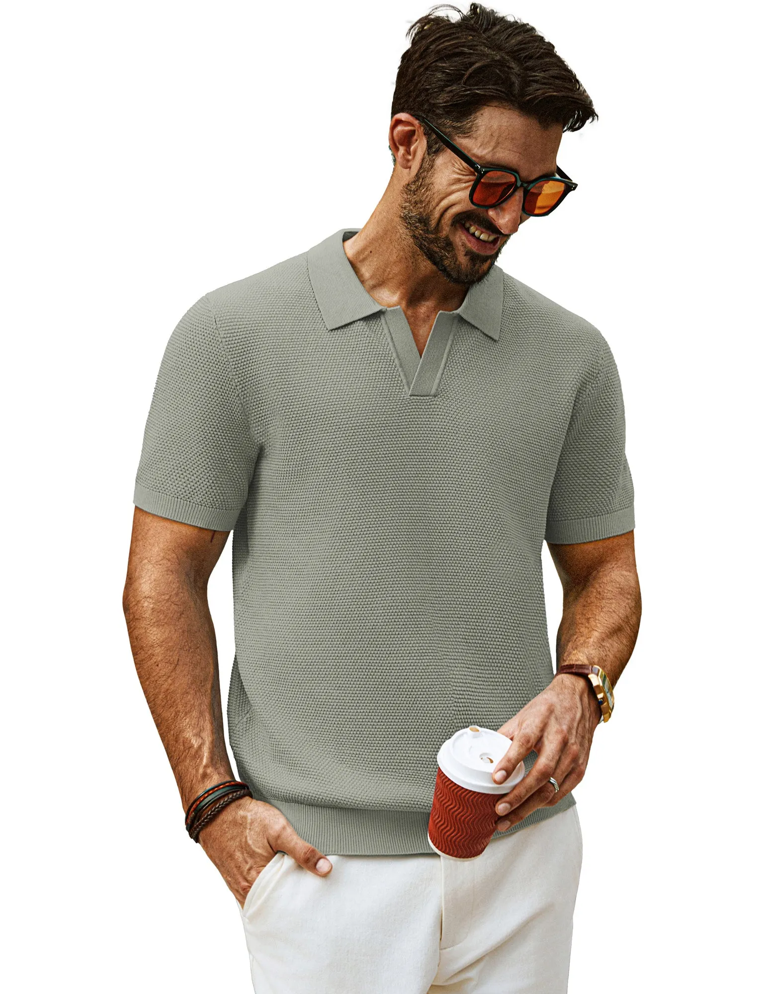 Men Pineapple Textured Polo-Shirt Short Sleeve Lapel Collar Knitwear Tops