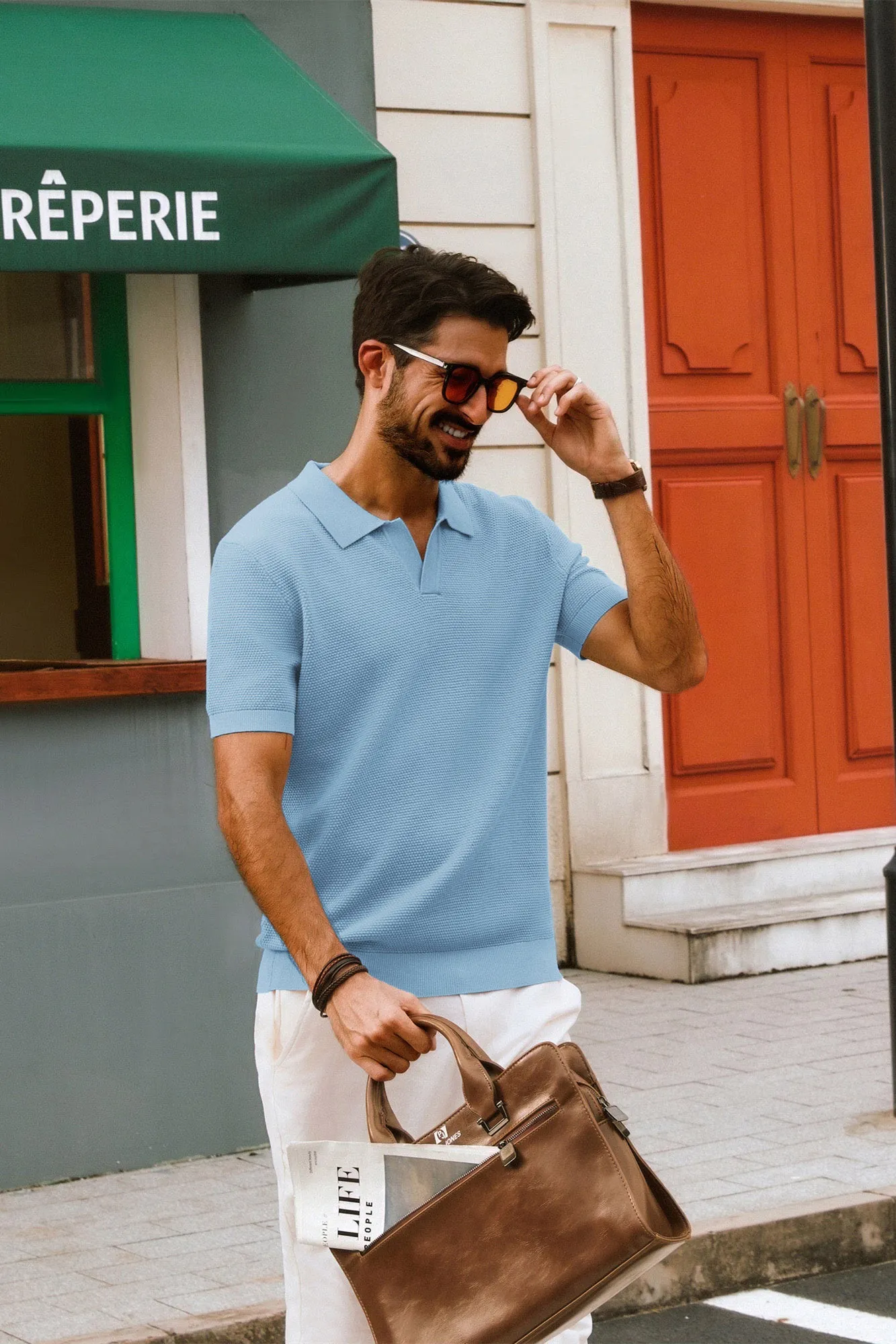 Men Pineapple Textured Polo-Shirt Short Sleeve Lapel Collar Knitwear Tops