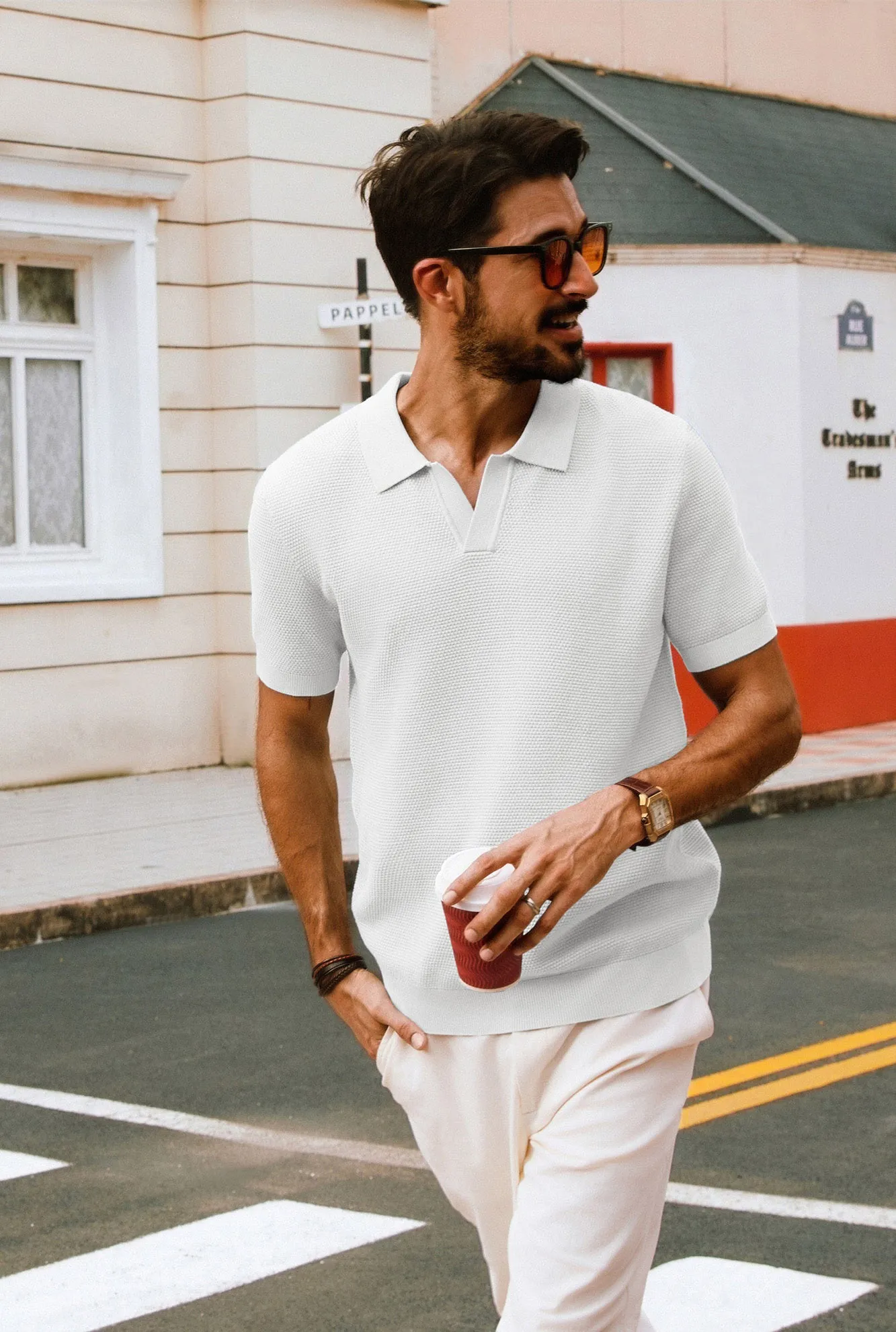 Men Pineapple Textured Polo-Shirt Short Sleeve Lapel Collar Knitwear Tops