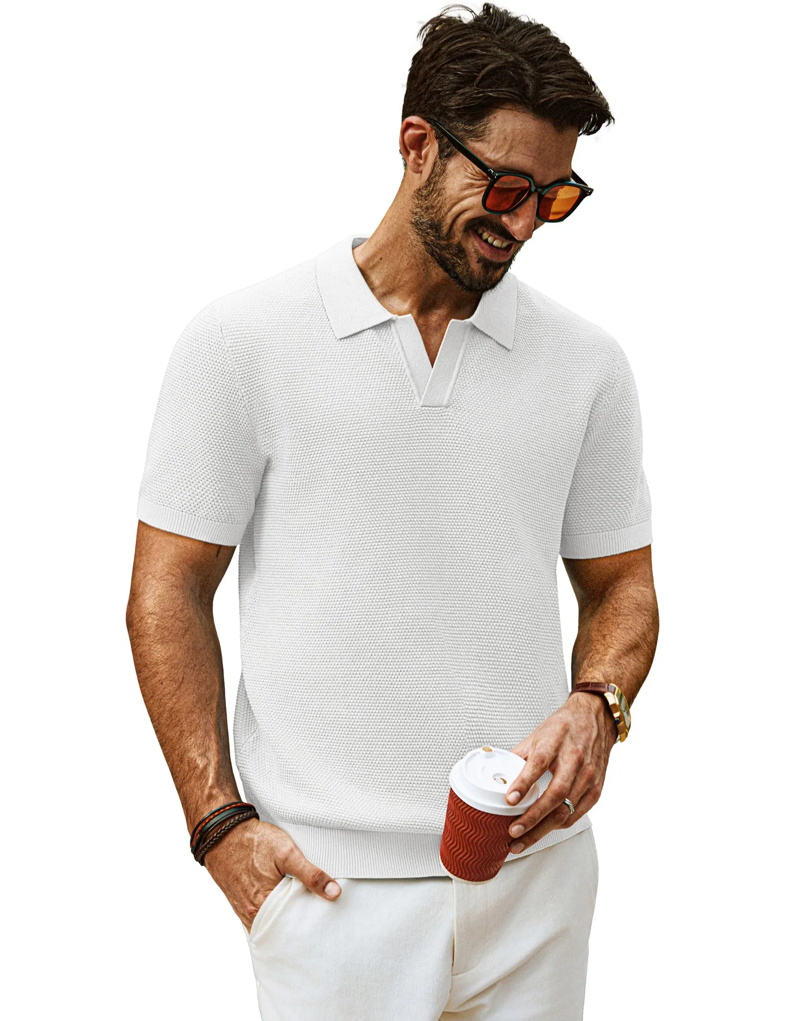 Men Pineapple Textured Polo-Shirt Short Sleeve Lapel Collar Knitwear Tops