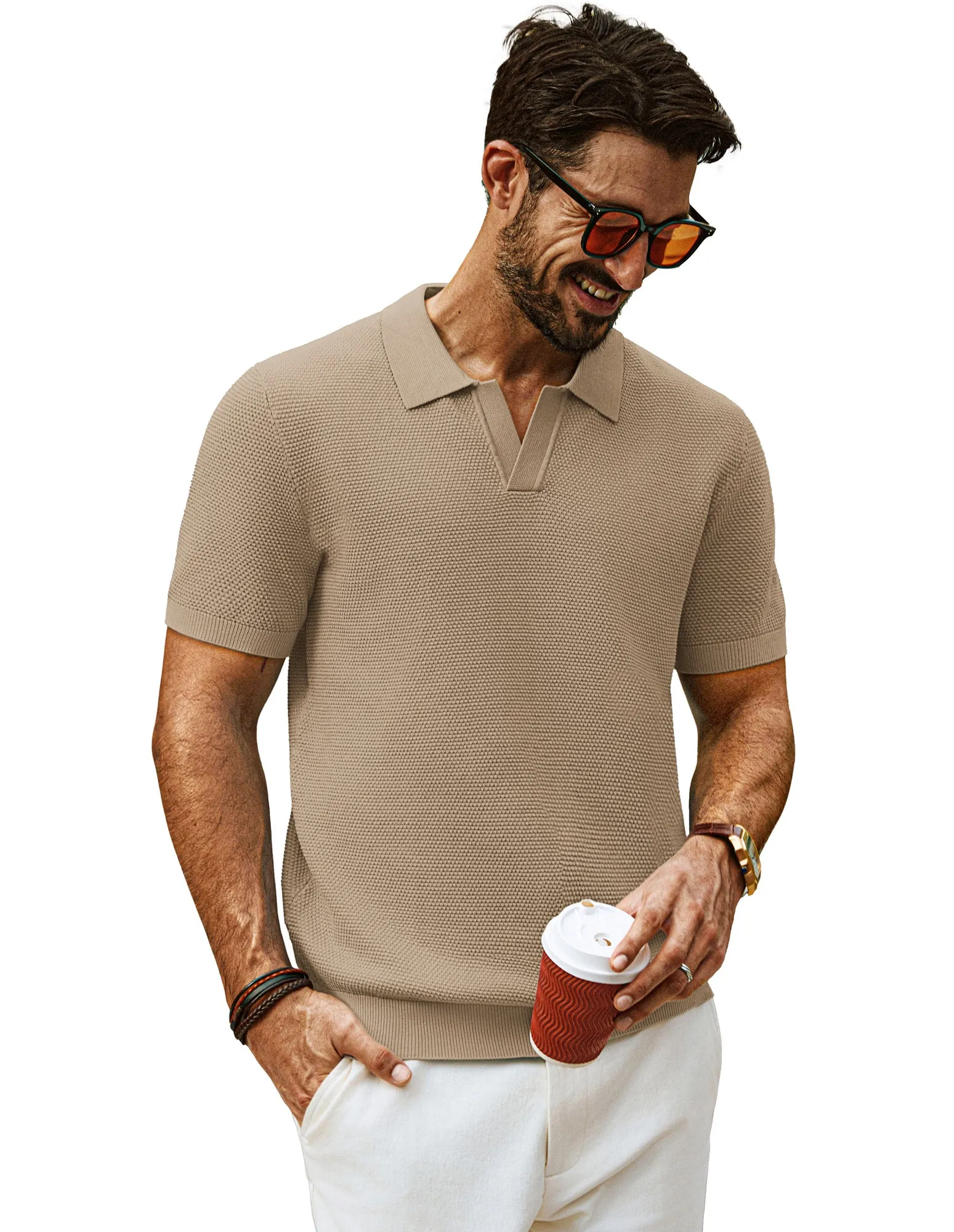 Men Pineapple Textured Polo-Shirt Short Sleeve Lapel Collar Knitwear Tops