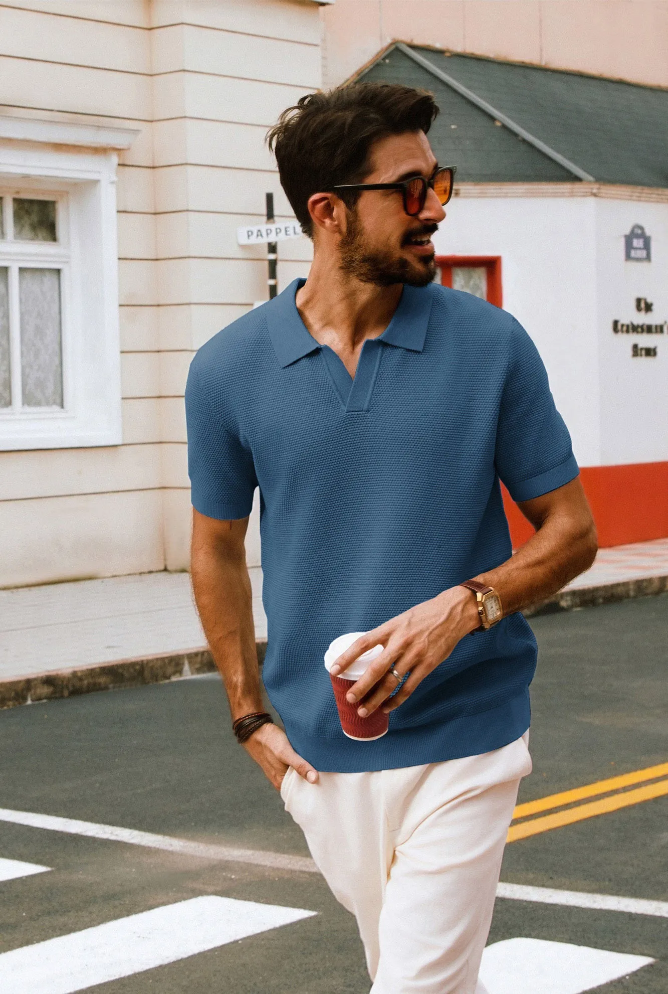 Men Pineapple Textured Polo-Shirt Short Sleeve Lapel Collar Knitwear Tops