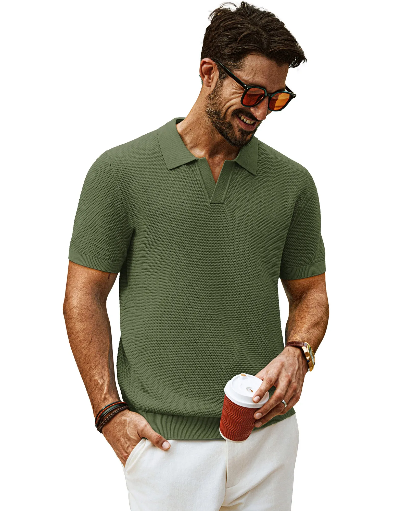 Men Pineapple Textured Polo-Shirt Short Sleeve Lapel Collar Knitwear Tops